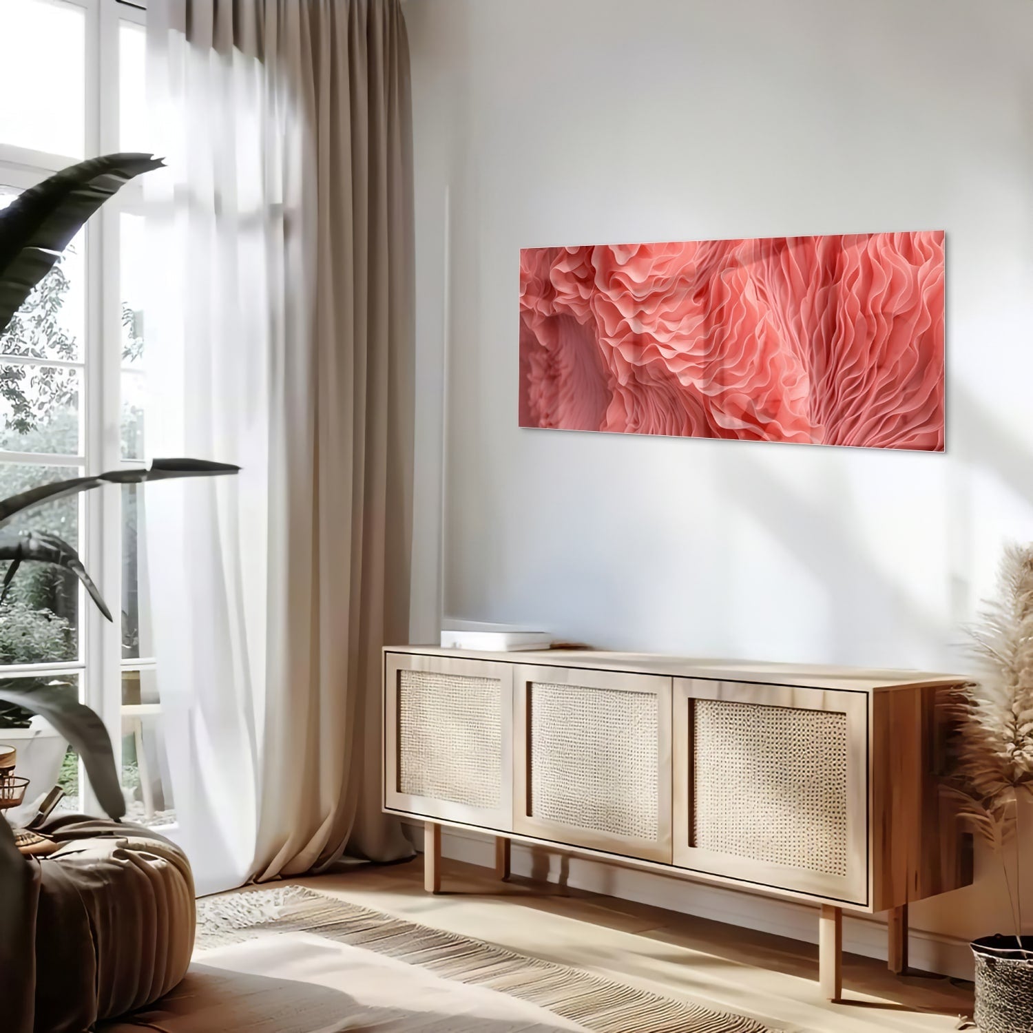 Abstraktes rosa Glasbild mit wellenförmigem Muster – Glasbild aus Sicherheitsglas, Größe 60x60_rond