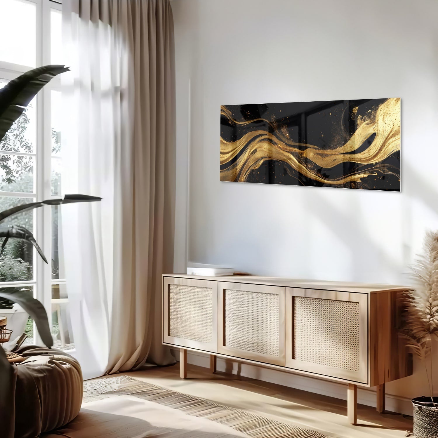 Elegantes Glasbild mit goldenen Linien – Glasbild aus Sicherheitsglas, Größe 60x60_rond