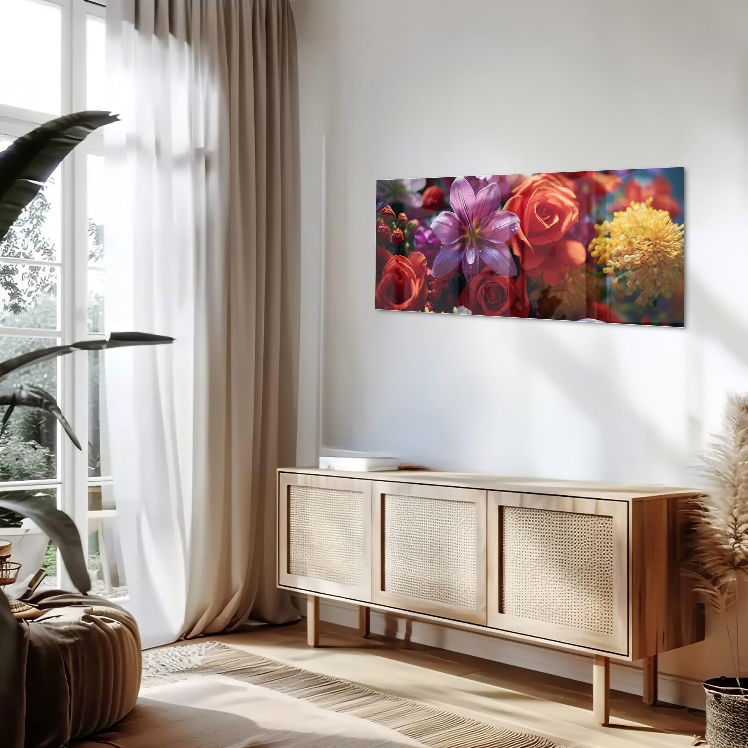 Farbenfrohes Glasbild mit Blütenpracht – Glasbild aus Sicherheitsglas, Größe 60x60_rond