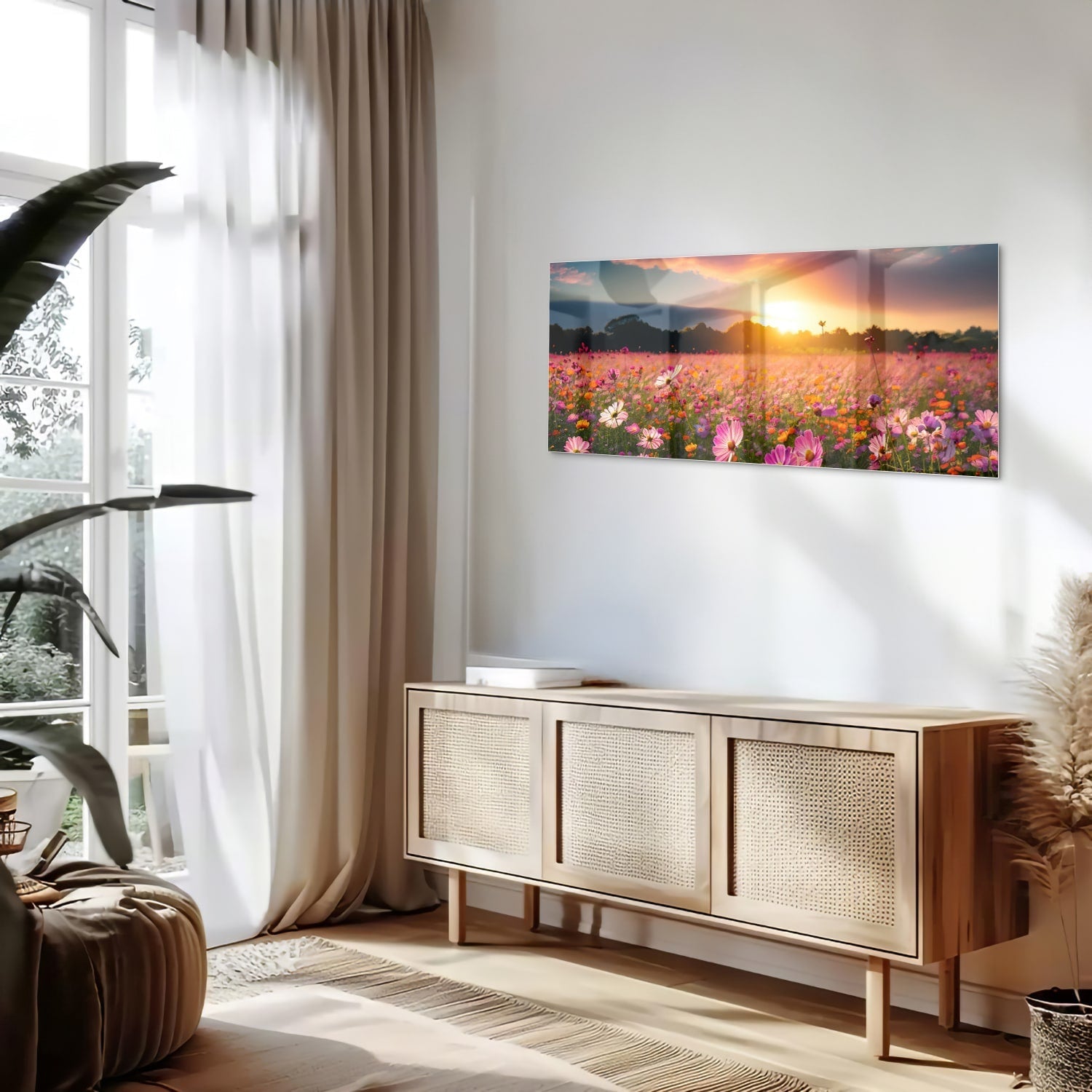 Glasbild – Sonnenuntergang über Blumenfeld – Glasbild aus Sicherheitsglas, Größe 60x60_rond