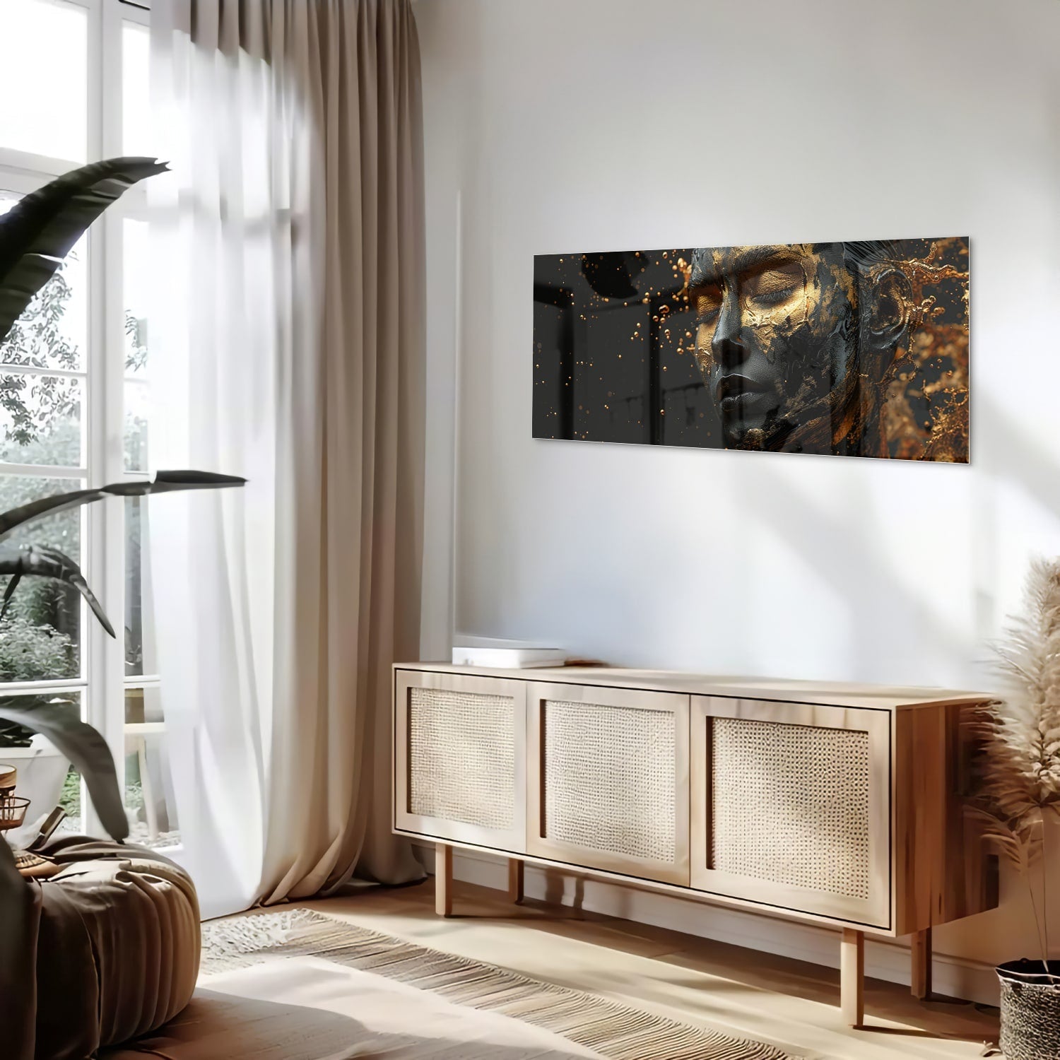 Goldenes Glasbild mit weiblichem Porträt – Glasbild aus Sicherheitsglas, Größe 60x60_rond