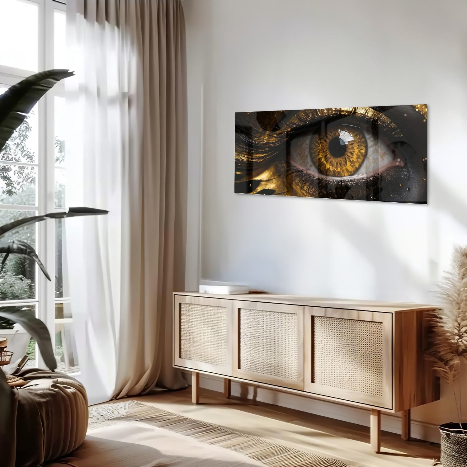 Glasbild Augen-Kunstwerk in Gold und Schwarz – Glasbild aus Sicherheitsglas, Größe 60x60_rond