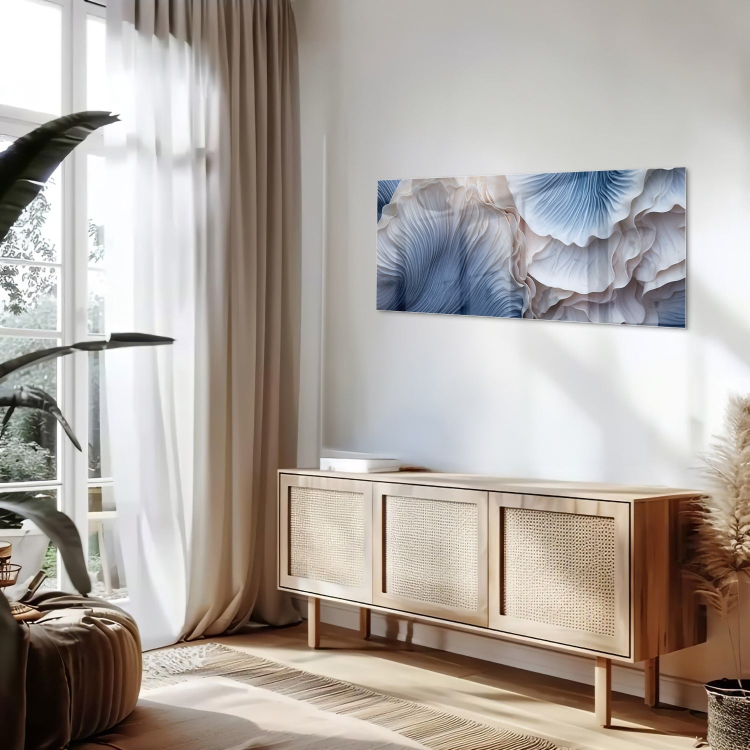 Elegantes Glasbild mit blauen und weißen Mustern – Glasbild aus Sicherheitsglas, Größe 60x60_rond