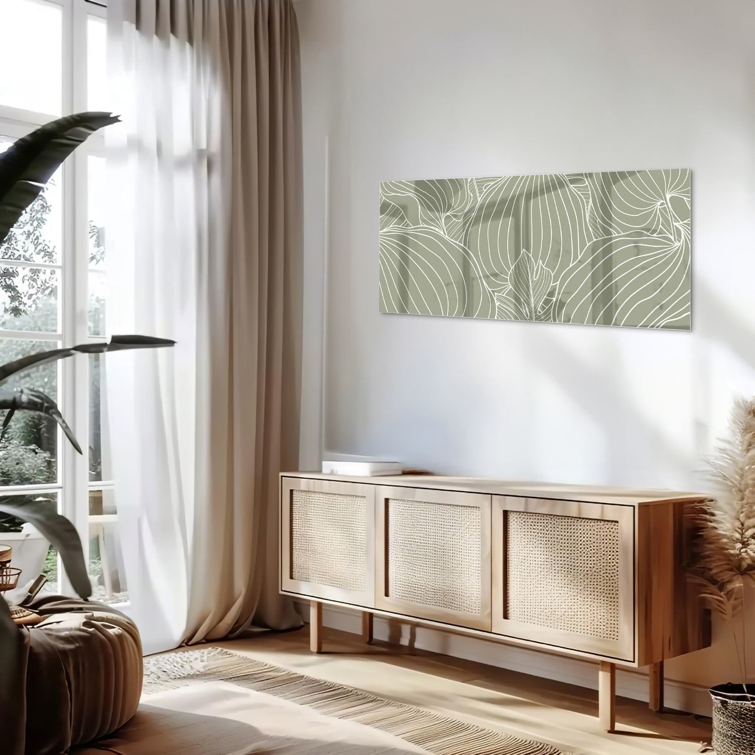Glasbild mit sanften Linien und Erdtönen – Glasbild aus Sicherheitsglas, Größe 60x60_rond