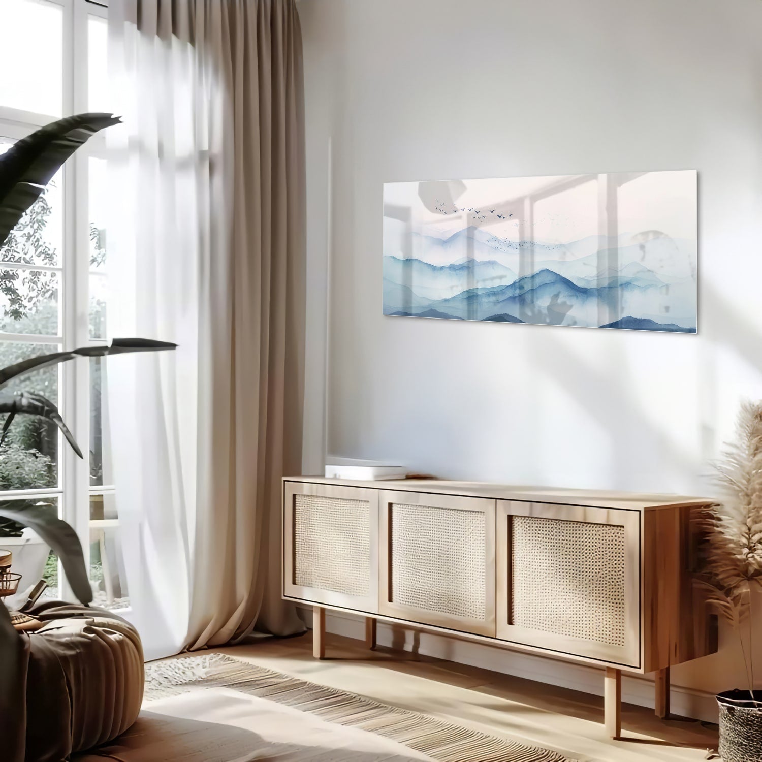 Ruhiges Glasbild mit blauen Bergen – Glasbild aus Sicherheitsglas, Größe 60x60_rond