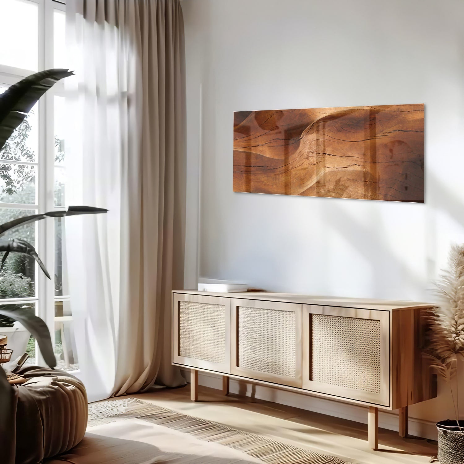 Abstraktes Glasbild mit warmen Holztönen – Glasbild aus Sicherheitsglas, Größe 60x60_rond