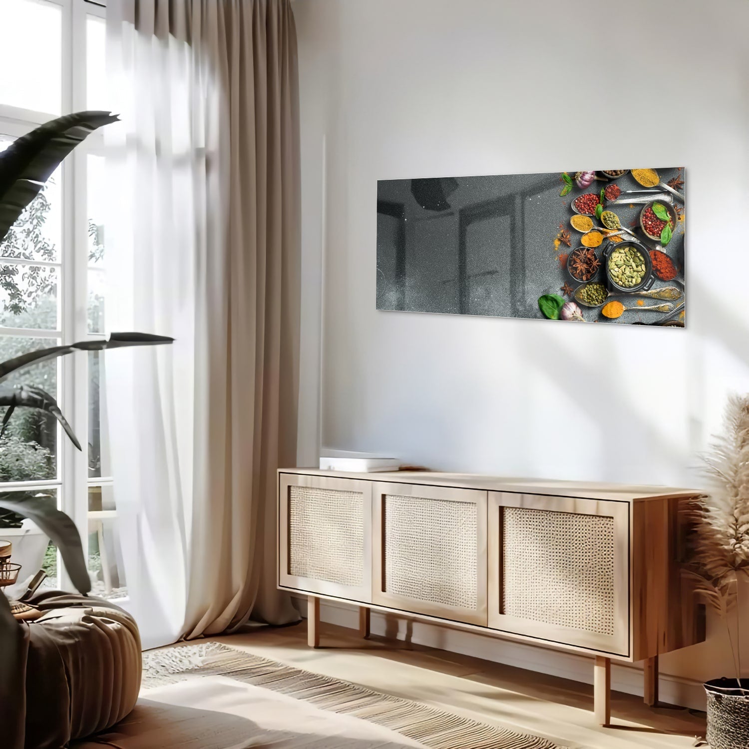 Farbenfrohes Glasbild mit Kräutern und Gewürzen – Glasbild aus Sicherheitsglas, Größe 60x60_rond