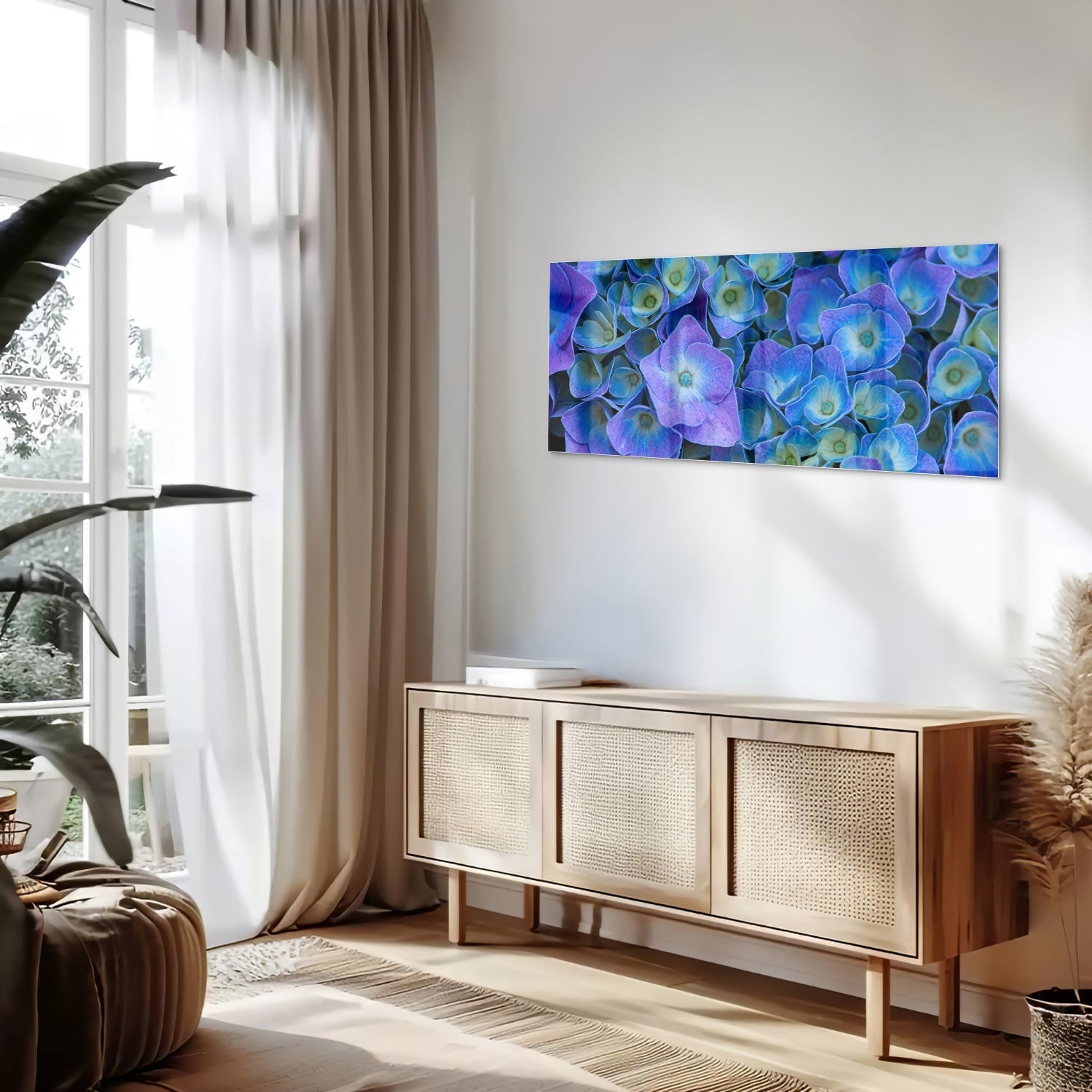 Farbenfrohes Glasbild mit blauen Blumen – Glasbild aus Sicherheitsglas, Größe 60x60_rond