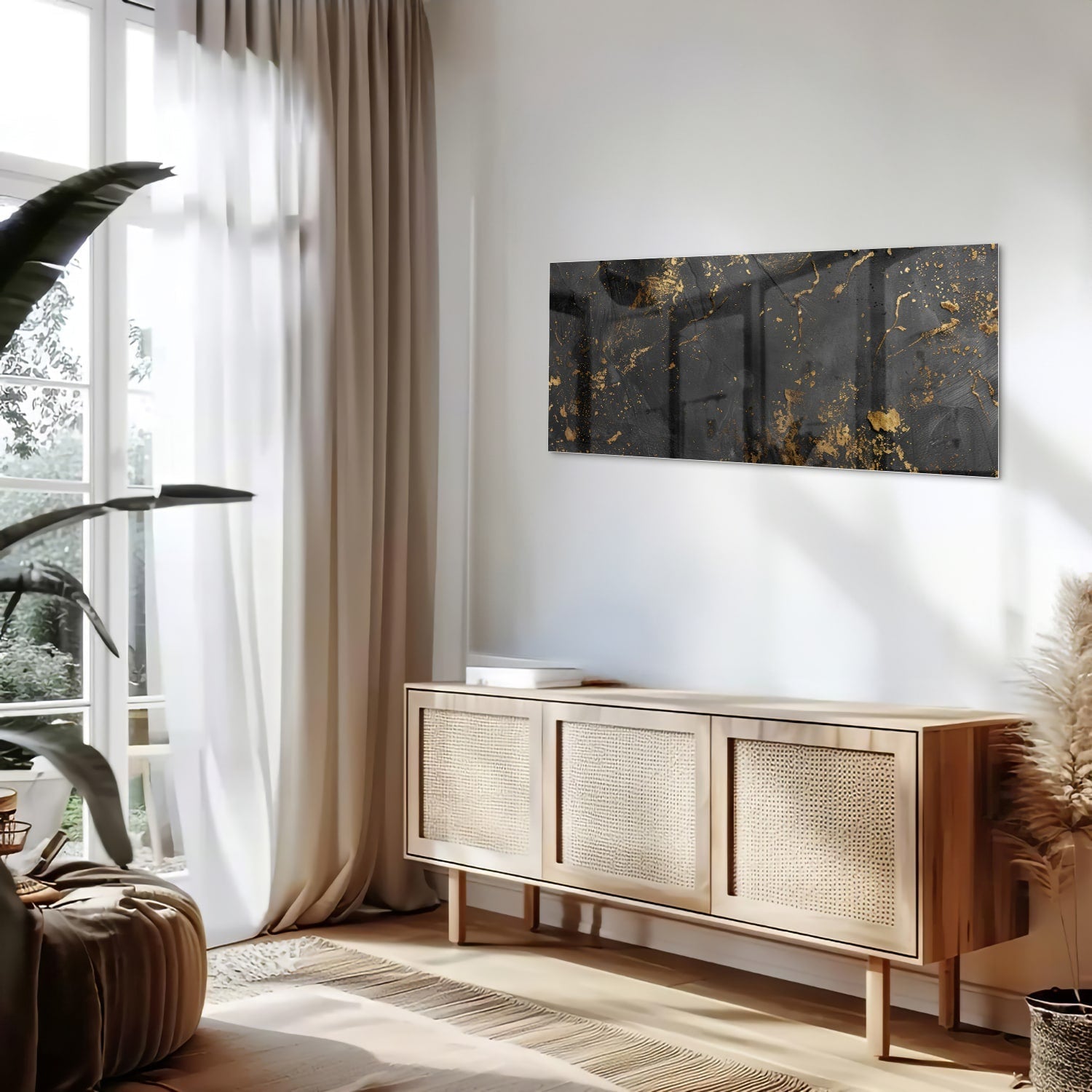 Gold-schwarzes Glasbild mit abstrakten Spritzern – Glasbild aus Sicherheitsglas, Größe 60x60_rond