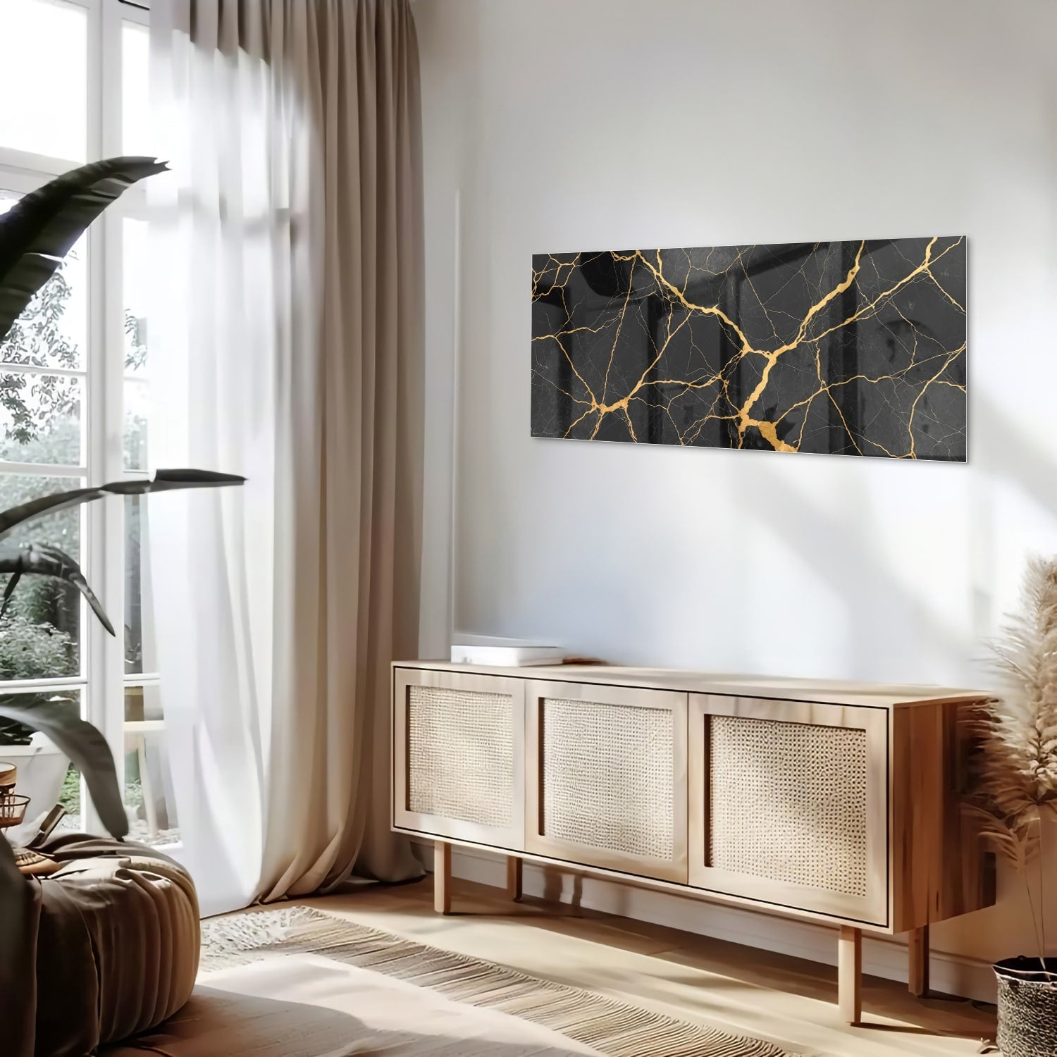 Elegantes Glasbild mit schwarz-goldenem Muster – Glasbild aus Sicherheitsglas, Größe 60x60_rond