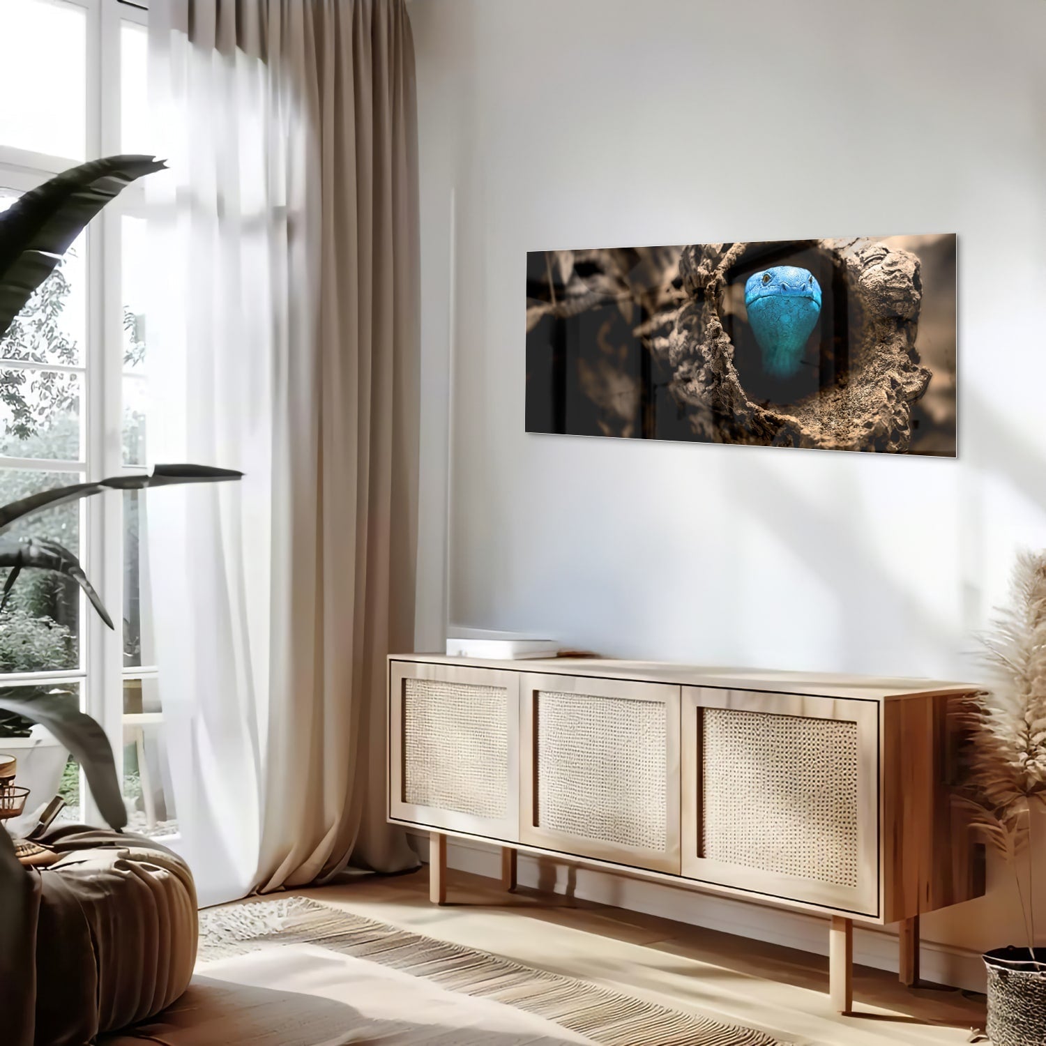 Glasbild mit einer blauen Perle in einem Nest – Glasbild aus Sicherheitsglas, Größe 60x60_rond