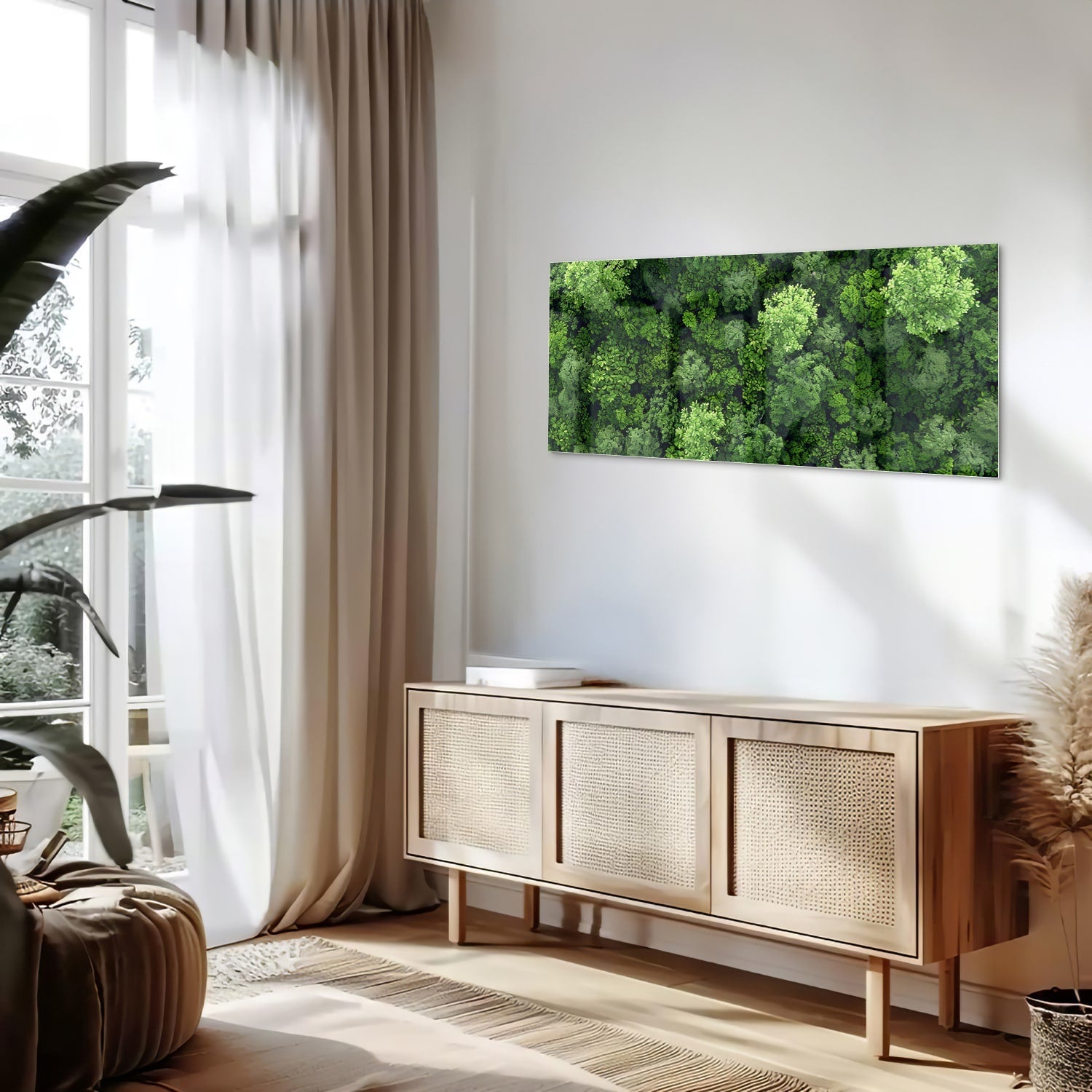 Glasbild mit Himmelsmotiv und üppigem grünen Wald – Glasbild aus Sicherheitsglas, Größe 60x60_rond