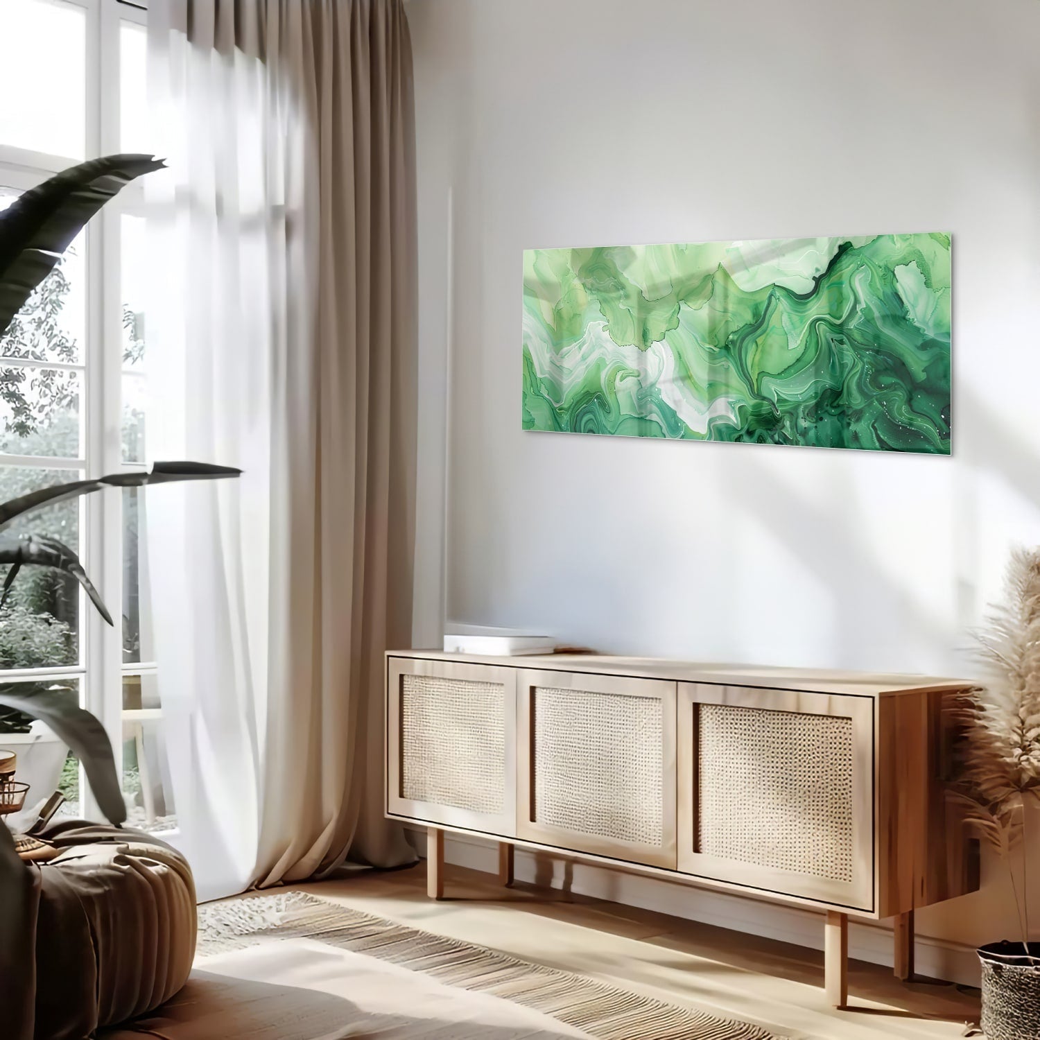 Grünes marmoriertes Glasbild für moderne Innenräume – Glasbild aus Sicherheitsglas, Größe 60x60_rond