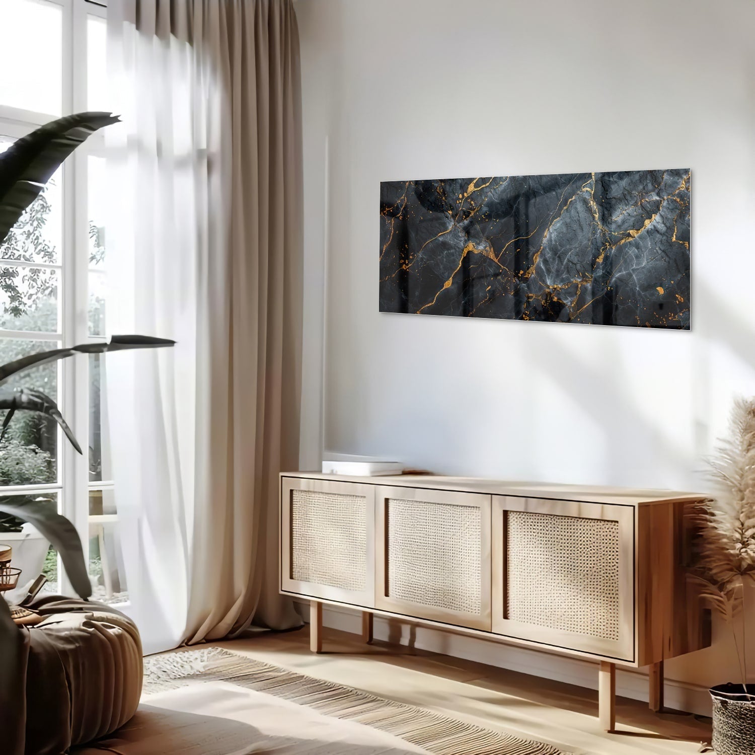 Elegantes Glasbild mit Marmoroptik und goldenen Adern – Glasbild aus Sicherheitsglas, Größe 60x60_rond