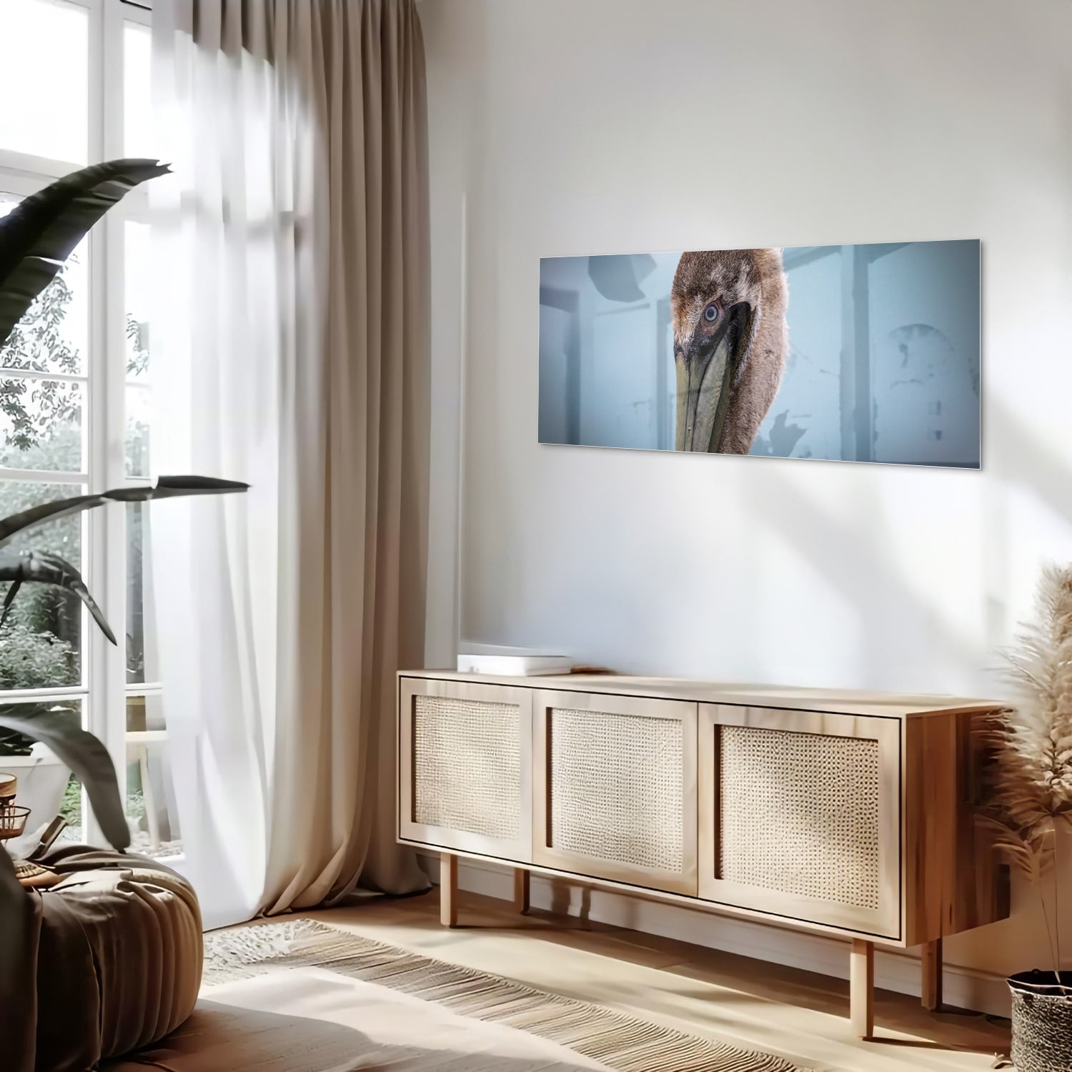 Stilvolles Glasbild mit Pelikan-Porträt – Glasbild aus Sicherheitsglas, Größe 60x60_rond