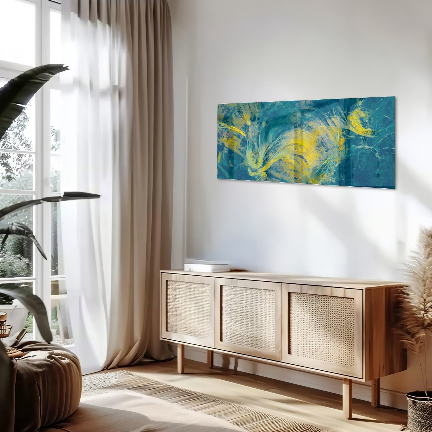 Farbenfrohes Glasbild mit abstraktem blau-gelbem Muster – Glasbild aus Sicherheitsglas, Größe 60x60_rond