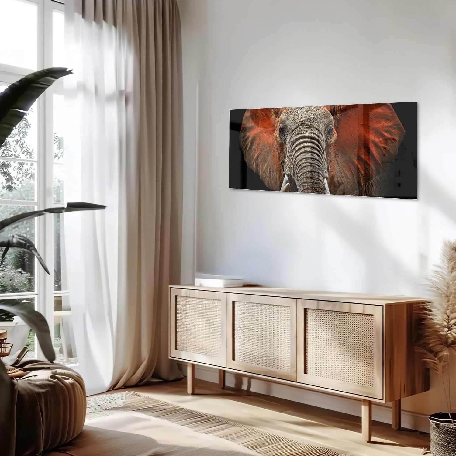 Beeindruckendes Glasbild mit einem Elefanten – Glasbild aus Sicherheitsglas, Größe 60x60_rond