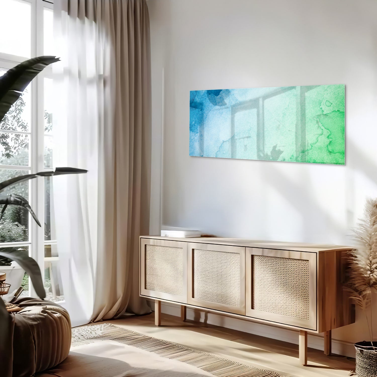 Abstraktes Glasbild in Blau und Grün – Glasbild aus Sicherheitsglas, Größe 60x60_rond