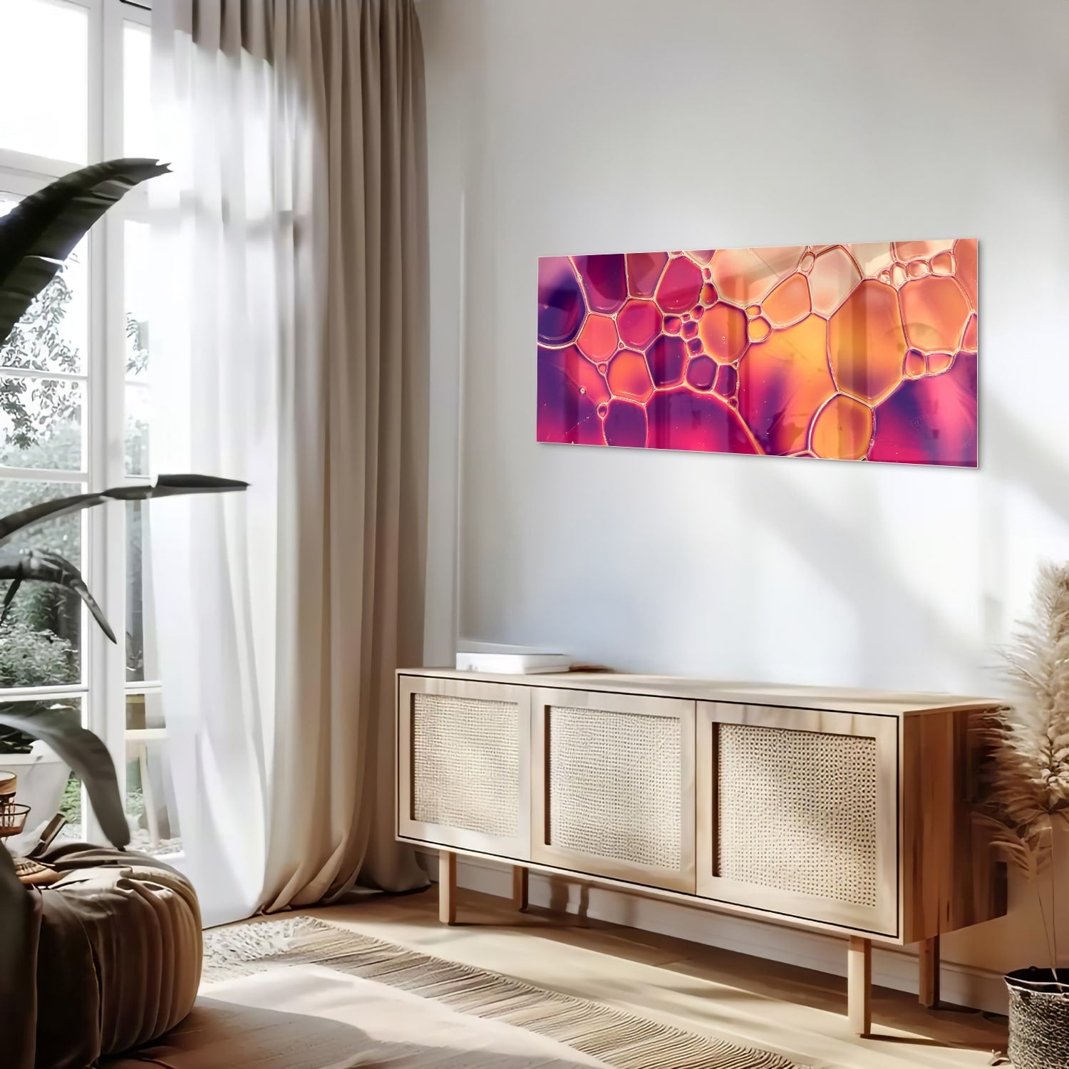 Abstraktes Glasbild in warmen Farben – Glasbild aus Sicherheitsglas, Größe 60x60_rond