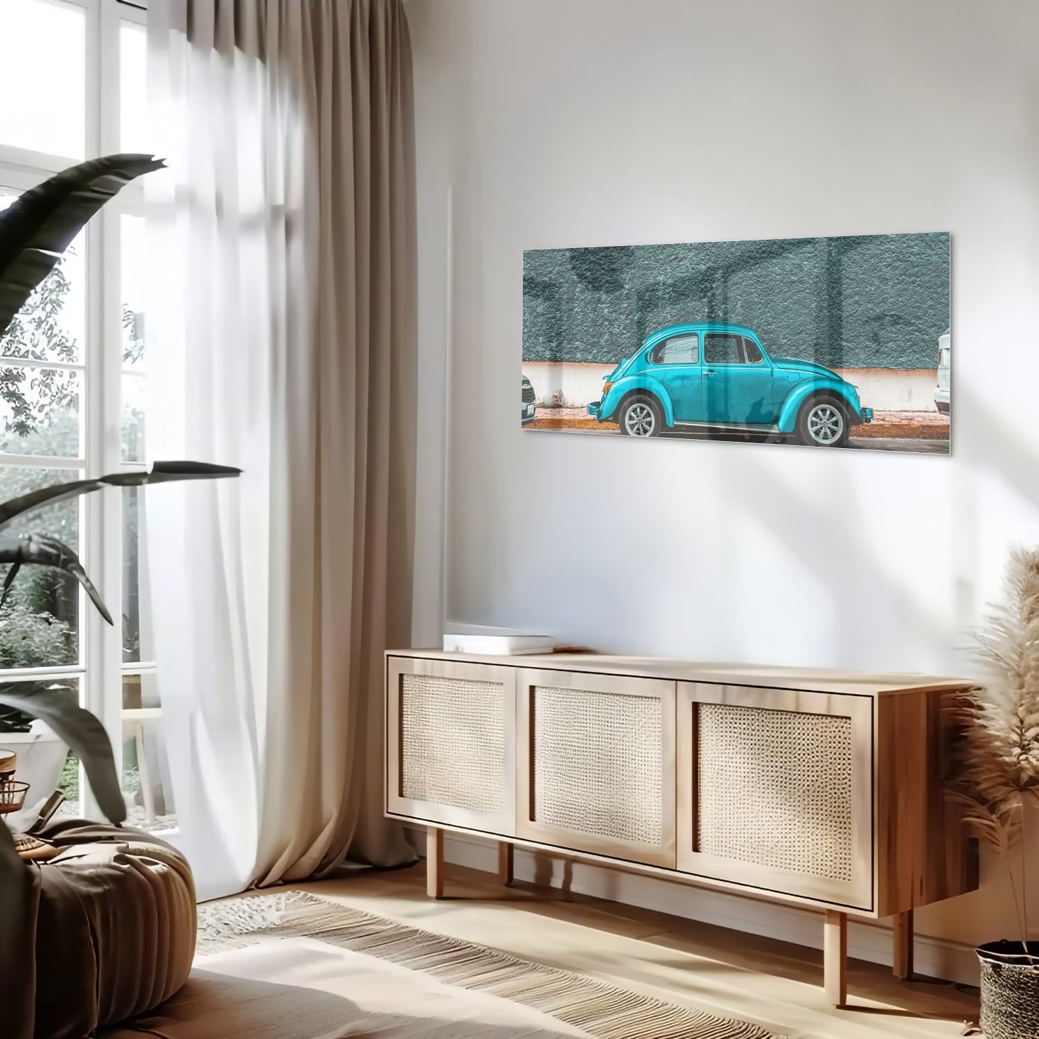 Stilvolles Glasbild mit einem türkisen Auto – Glasbild aus Sicherheitsglas, Größe 60x60_rond