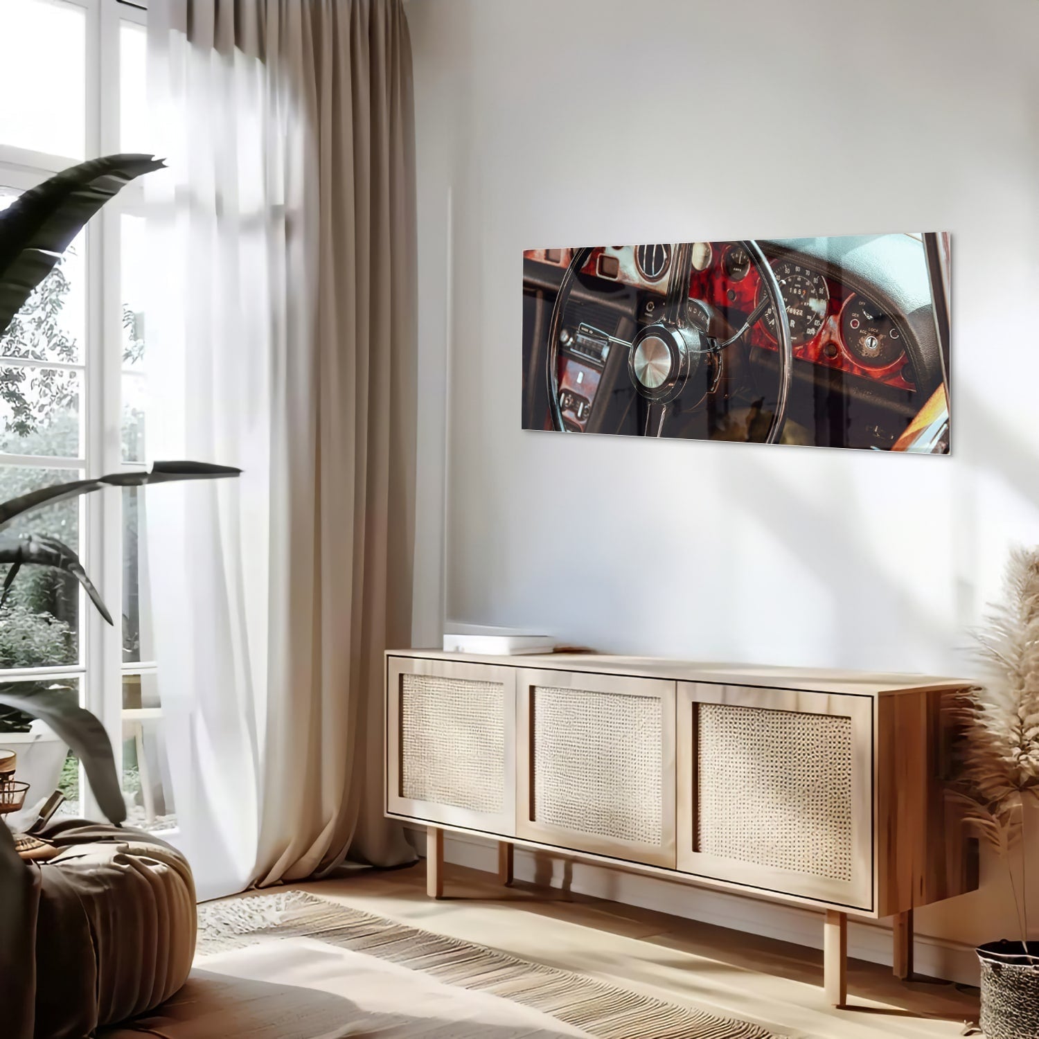 Retro-Auto-Glasbild mit Armaturenbrett für Liebhaber – Glasbild aus Sicherheitsglas, Größe 60x60_rond