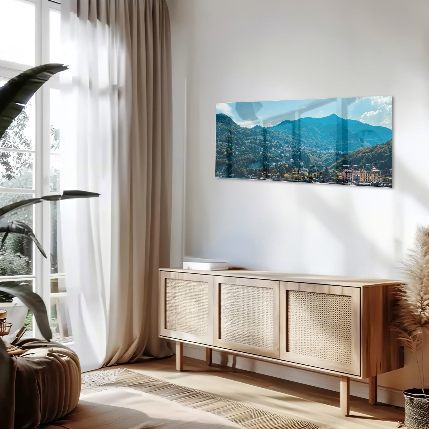 Atemberaubendes Glasbild mit Berglandschaft – Glasbild aus Sicherheitsglas, Größe 60x60_rond