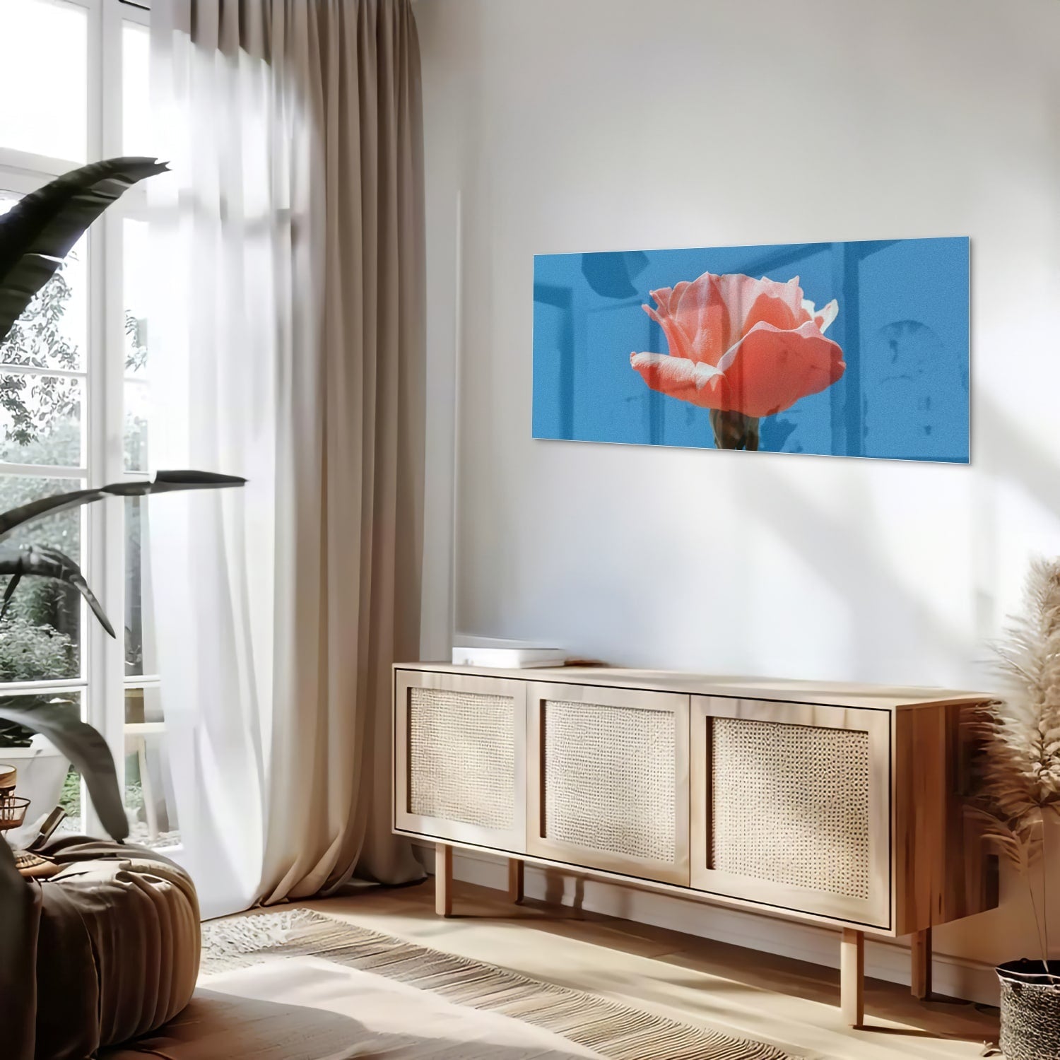 Glasbild rosa Rose auf blauem Hintergrund – Glasbild aus Sicherheitsglas, Größe 60x60_rond