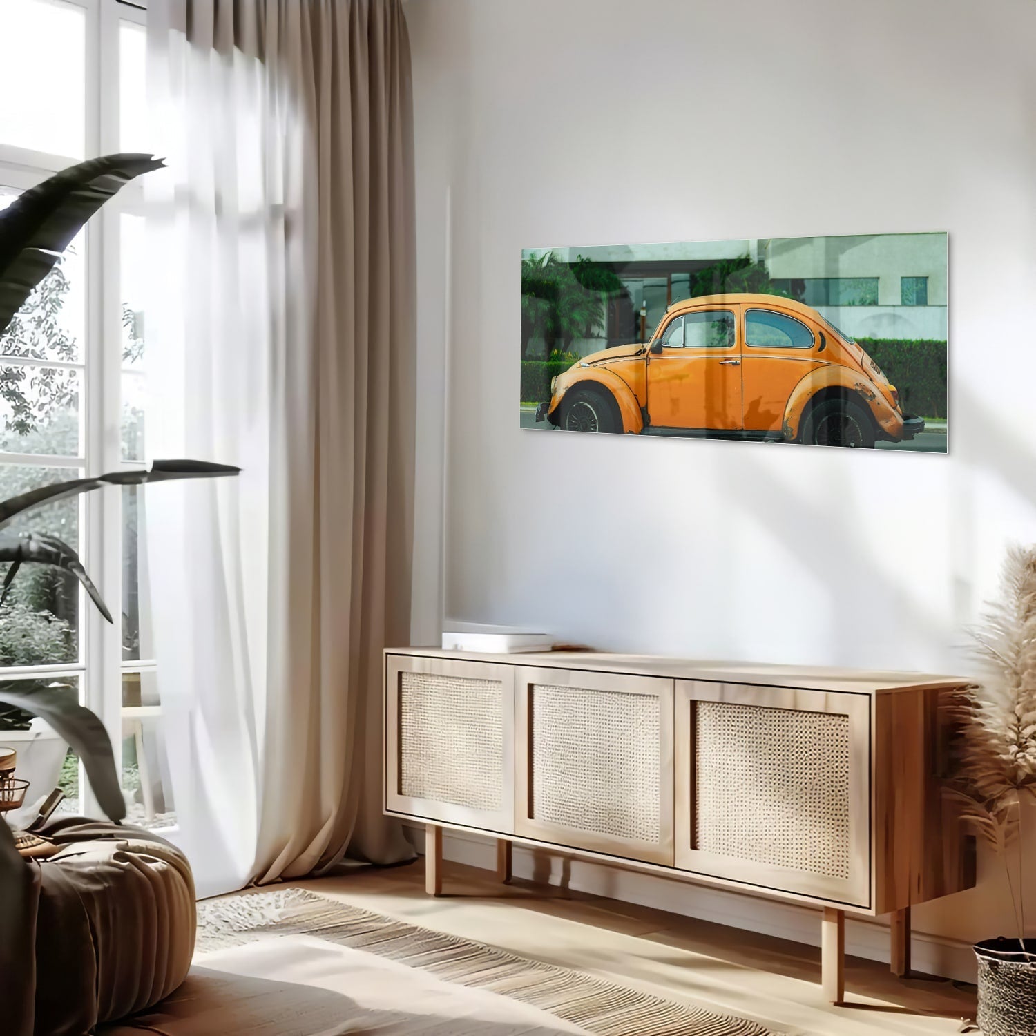 Fröhliches Glasbild mit orangefarbenem Käfer – Glasbild aus Sicherheitsglas, Größe 60x60_rond