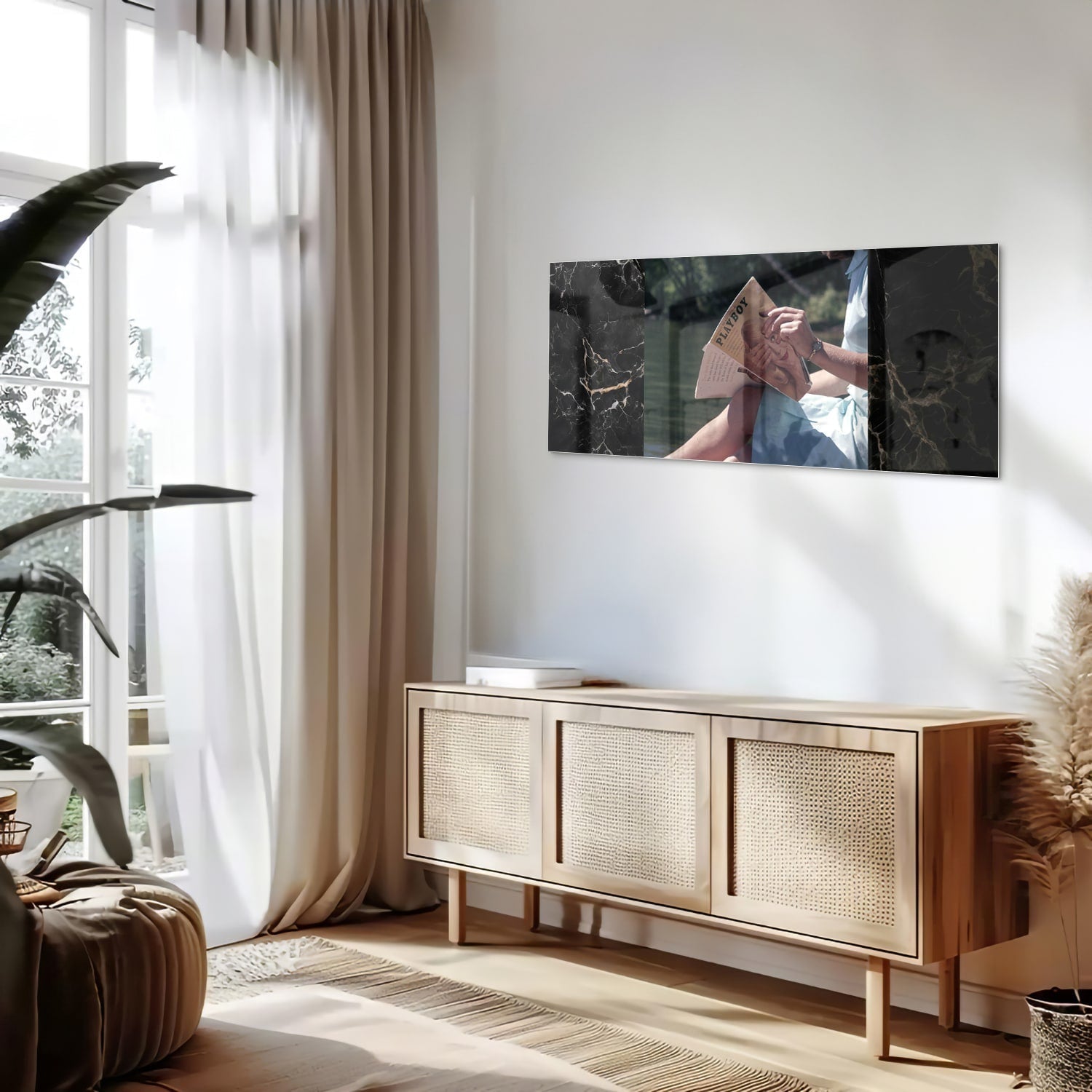 Ruhiges Glasbild mit Lesemoment am Wasser – Glasbild aus Sicherheitsglas, Größe 60x60_rond