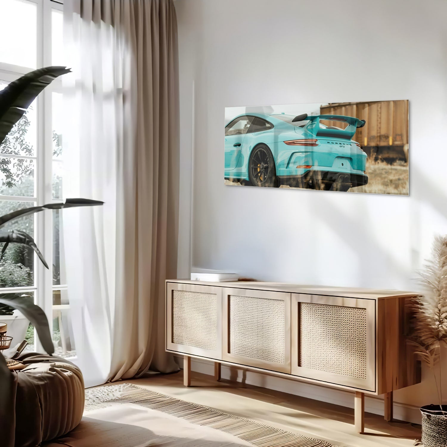 Stilvolles Glasbild mit einem Sportwagen – Glasbild aus Sicherheitsglas, Größe 60x60_rond