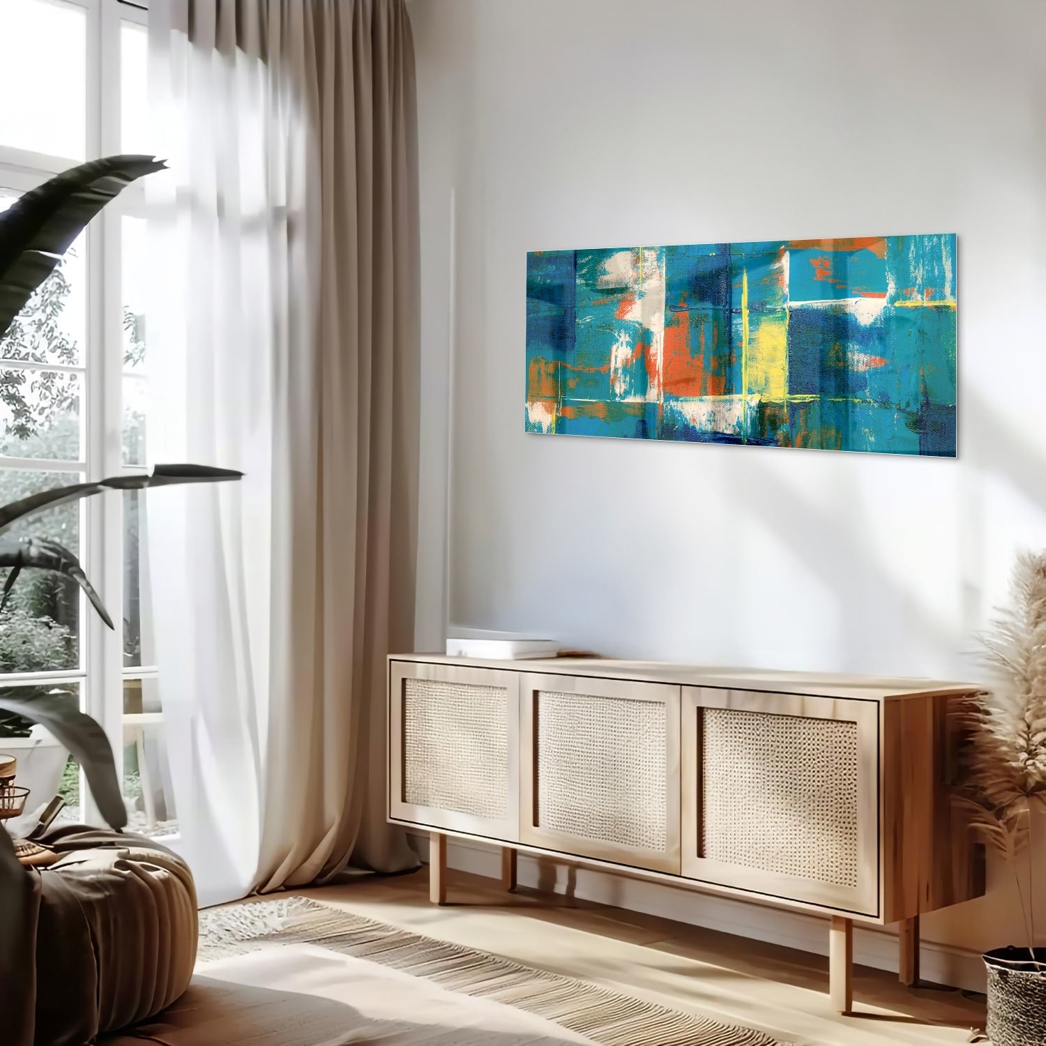 Abstraktes Glasbild in farbenfrohen Farbtönen – Glasbild aus Sicherheitsglas, Größe 60x60_rond