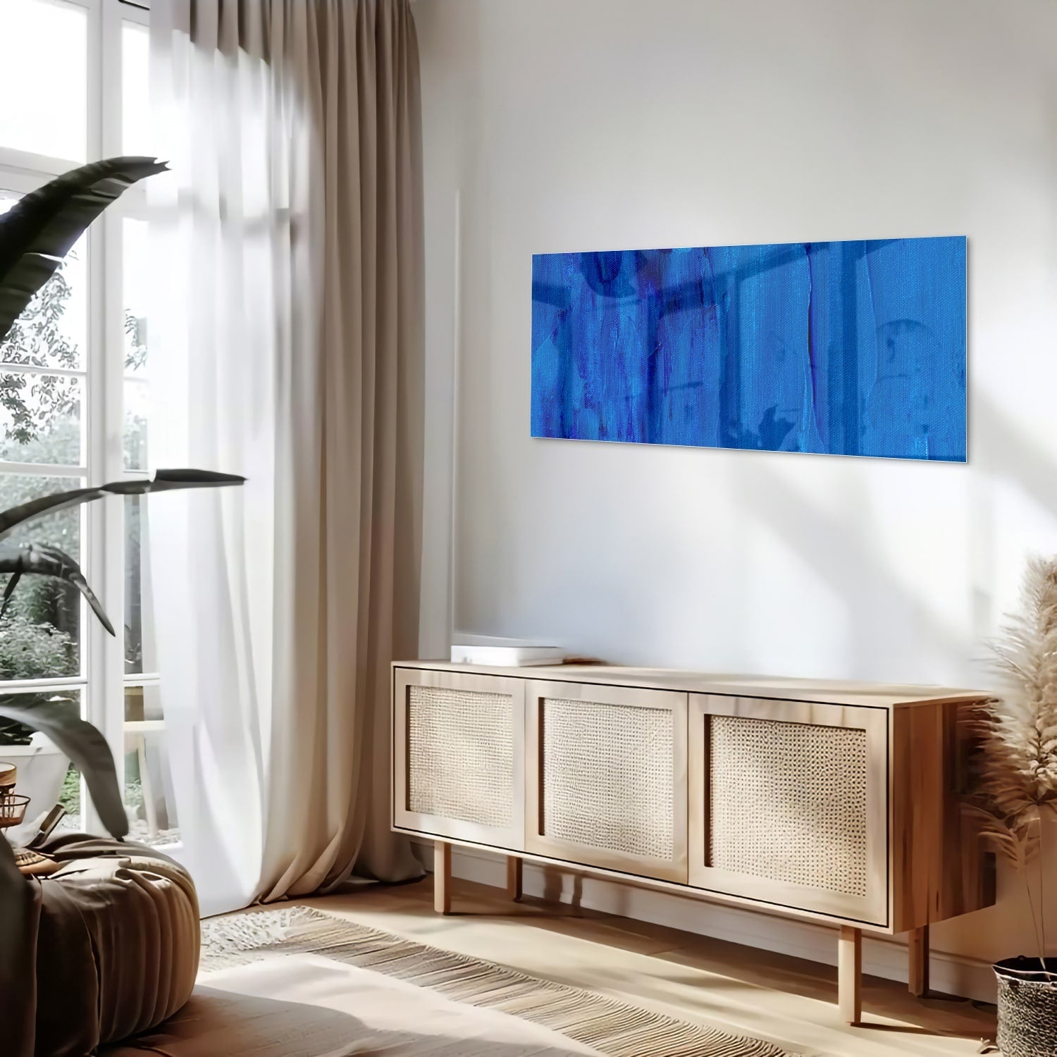 Blaues abstraktes Glasbild für moderne Innenräume – Glasbild aus Sicherheitsglas, Größe 60x60_rond