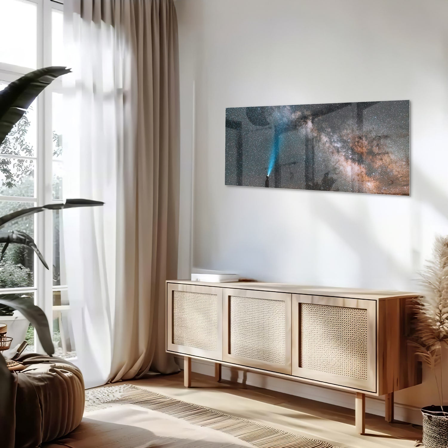 Glasbild Sternenhimmel mit Lichtstrahl – Glasbild aus Sicherheitsglas, Größe 60x60_rond