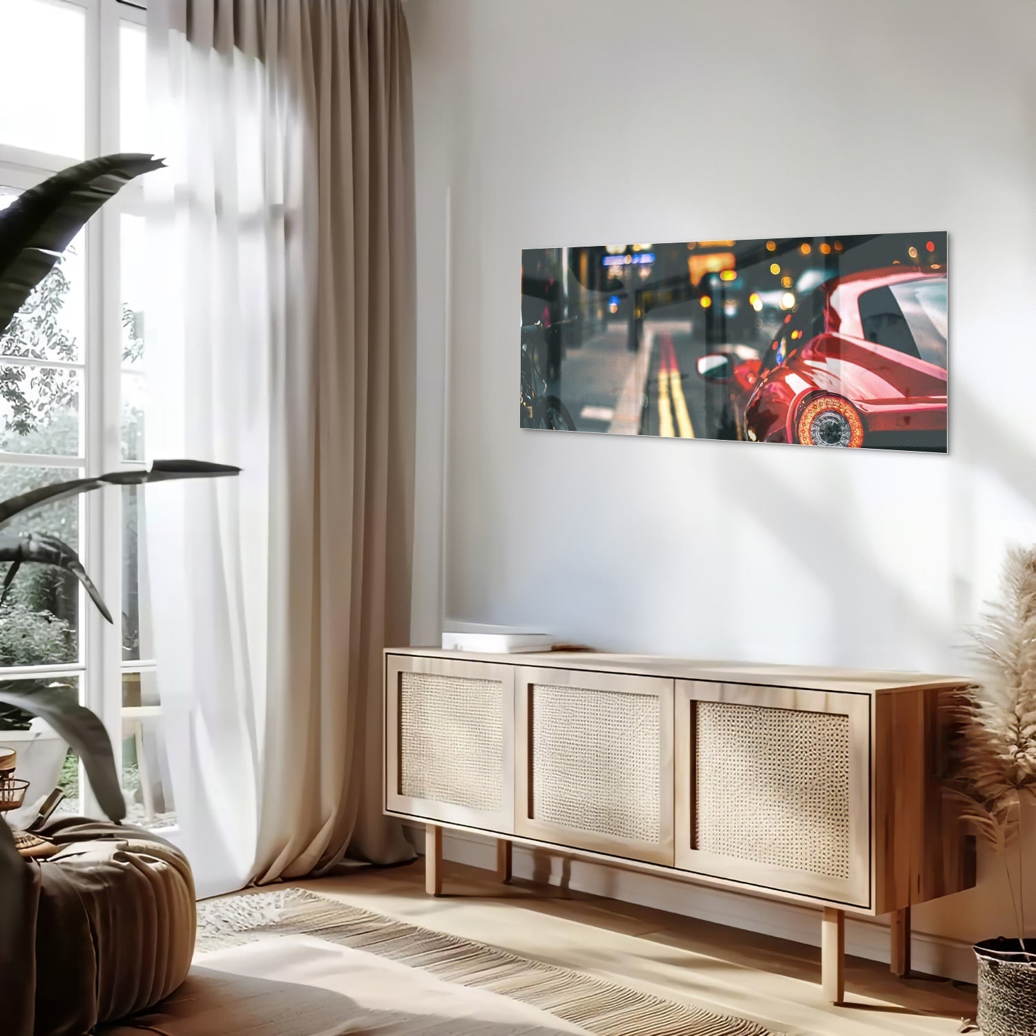 Stilvolles Glasbild mit einem roten Auto in der Stadt – Glasbild aus Sicherheitsglas, Größe 60x60_rond