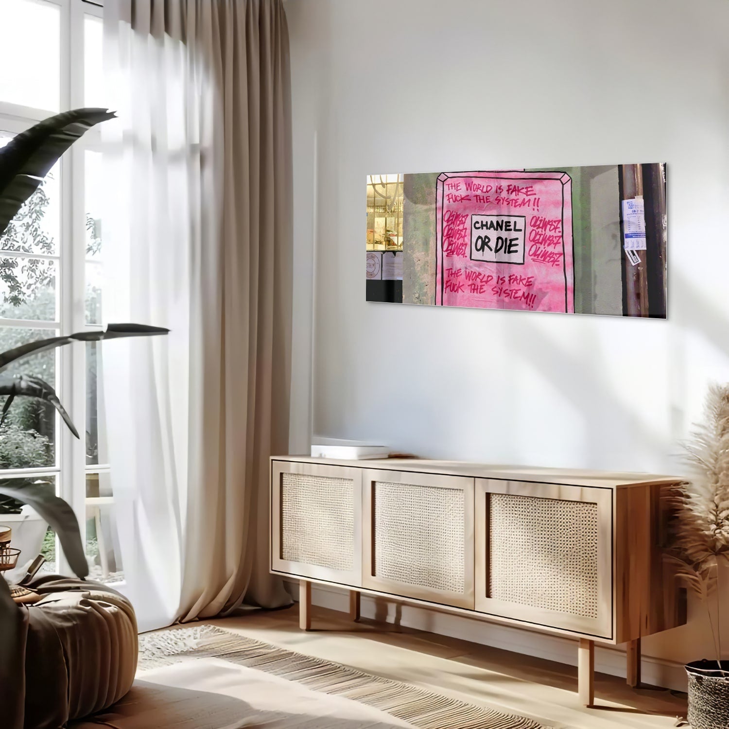 Stilvolles Glasbild: 'Chanel or Die' – Glasbild aus Sicherheitsglas, Größe 60x60_rond