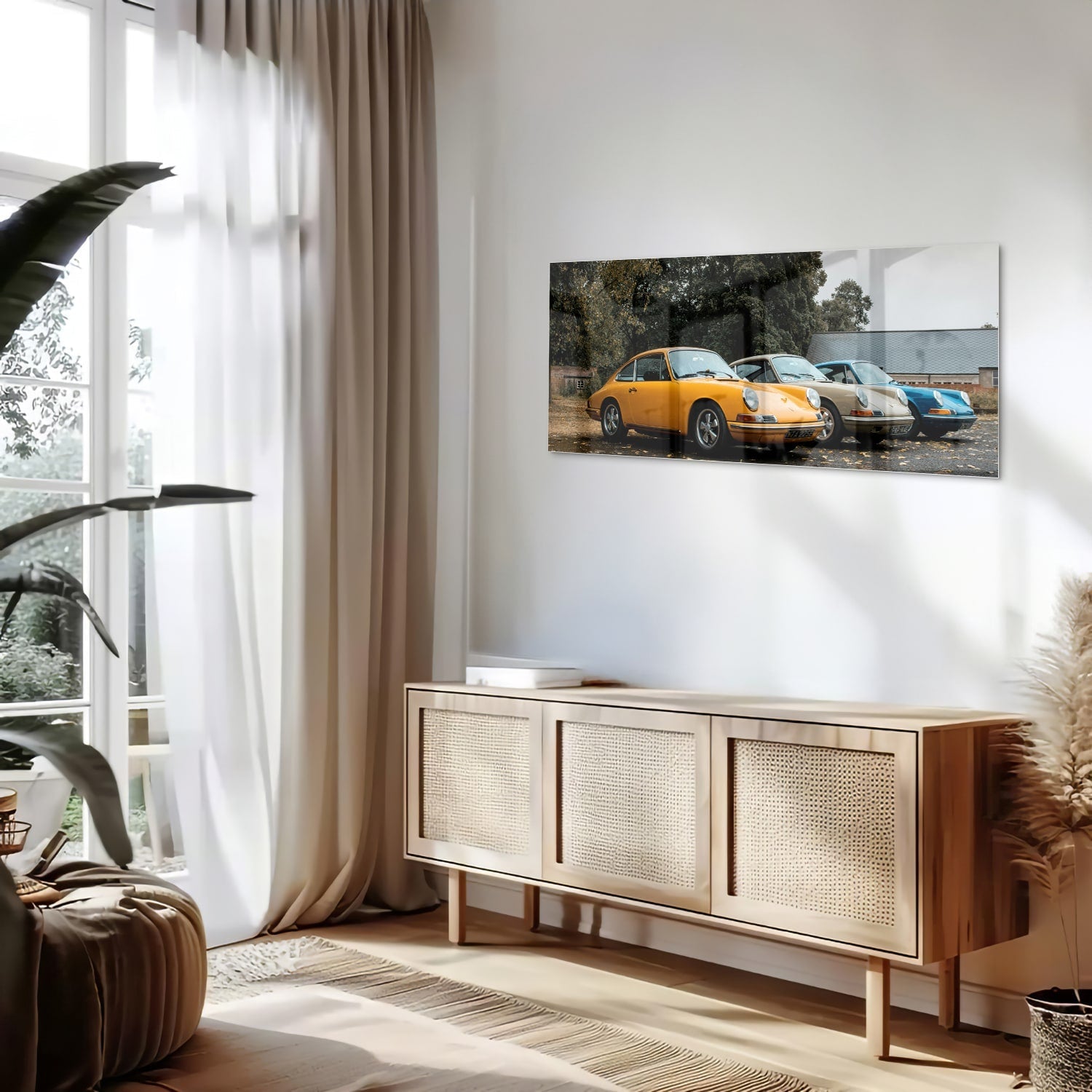 Fröhliches Glasbild mit gelbem Auto – Glasbild aus Sicherheitsglas, Größe 60x60_rond