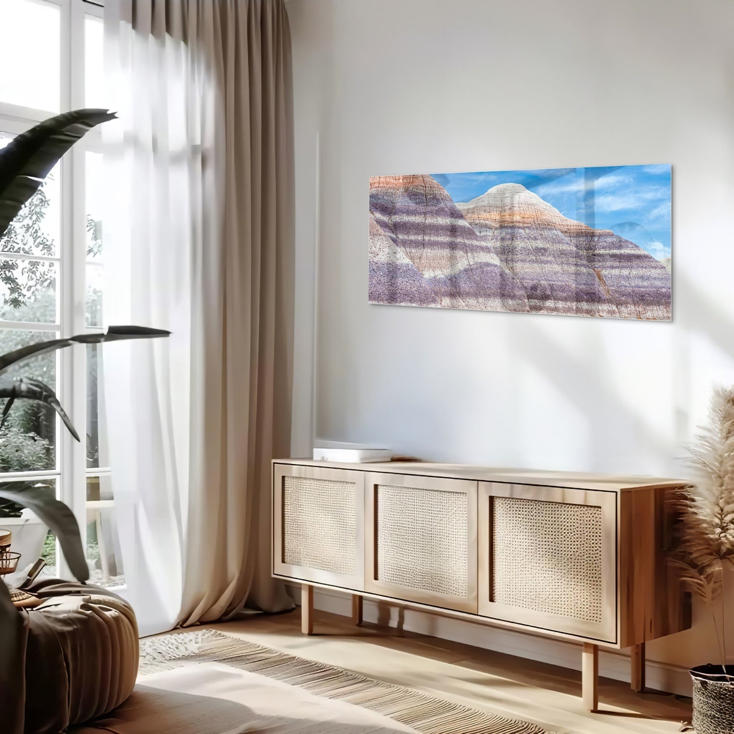 Wunderschönes Glasbild mit Bergen und Himmel – Glasbild aus Sicherheitsglas, Größe 60x60_rond