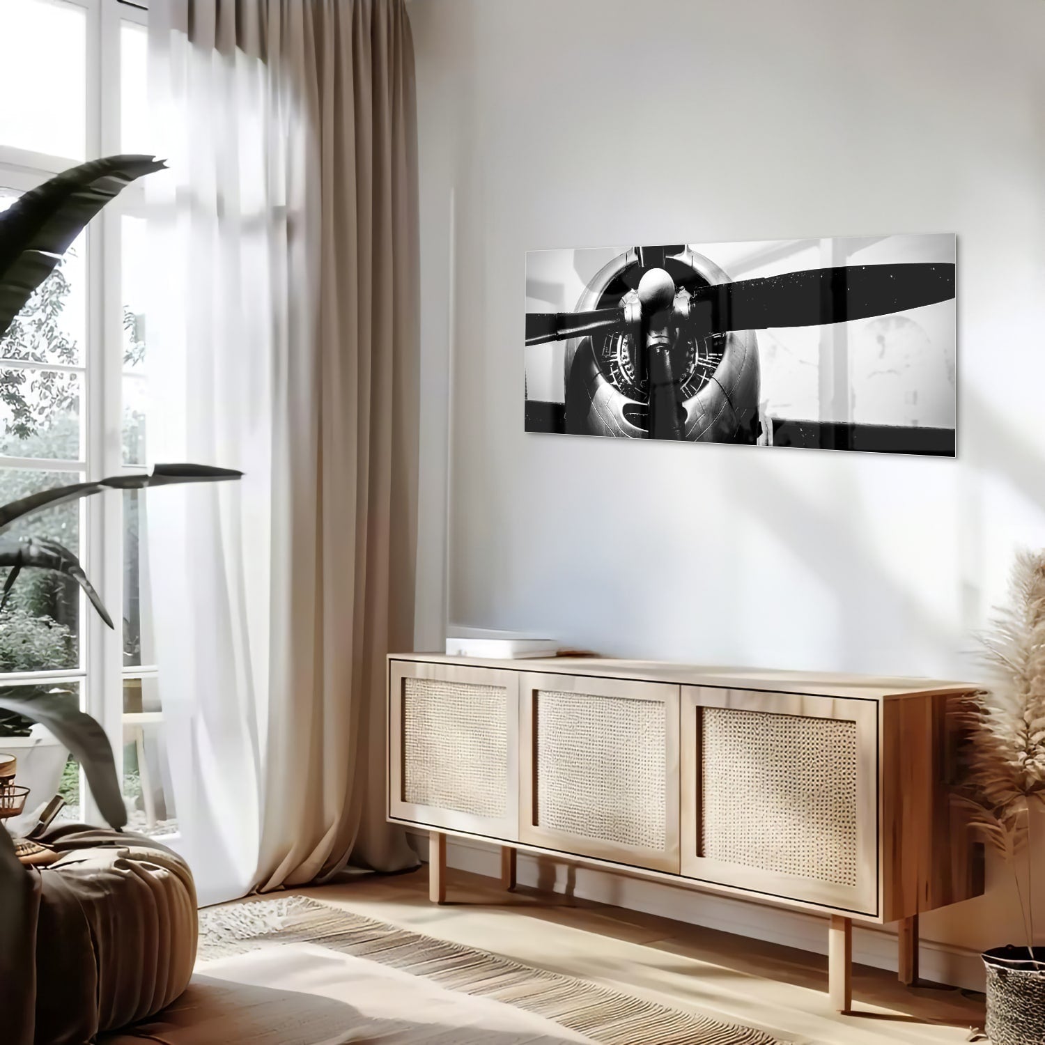 Schwarz-Weiß-Glasbild mit Vintage-Flugzeugpropeller – Glasbild aus Sicherheitsglas, Größe 60x60_rond