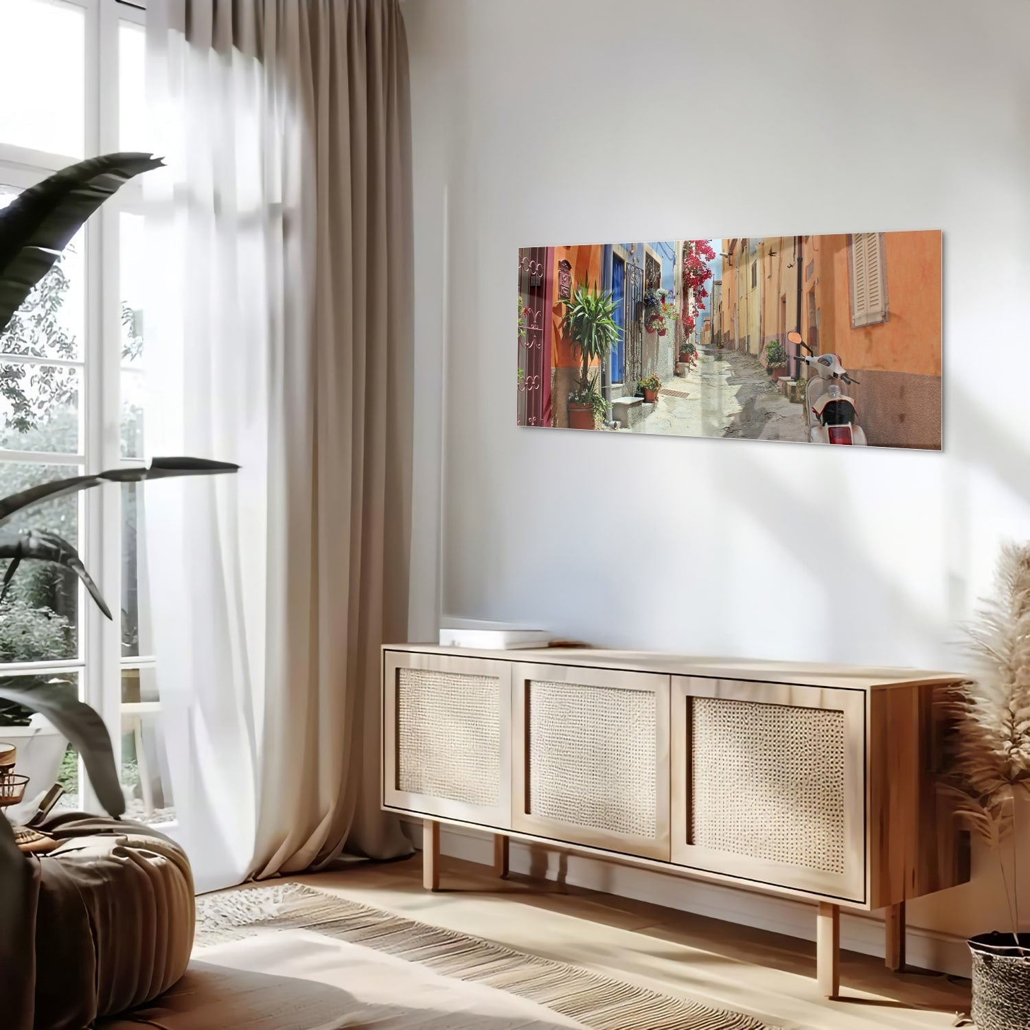 Buntes Glasbild mit Vespa auf einer Straße – Glasbild aus Sicherheitsglas, Größe 60x60_rond