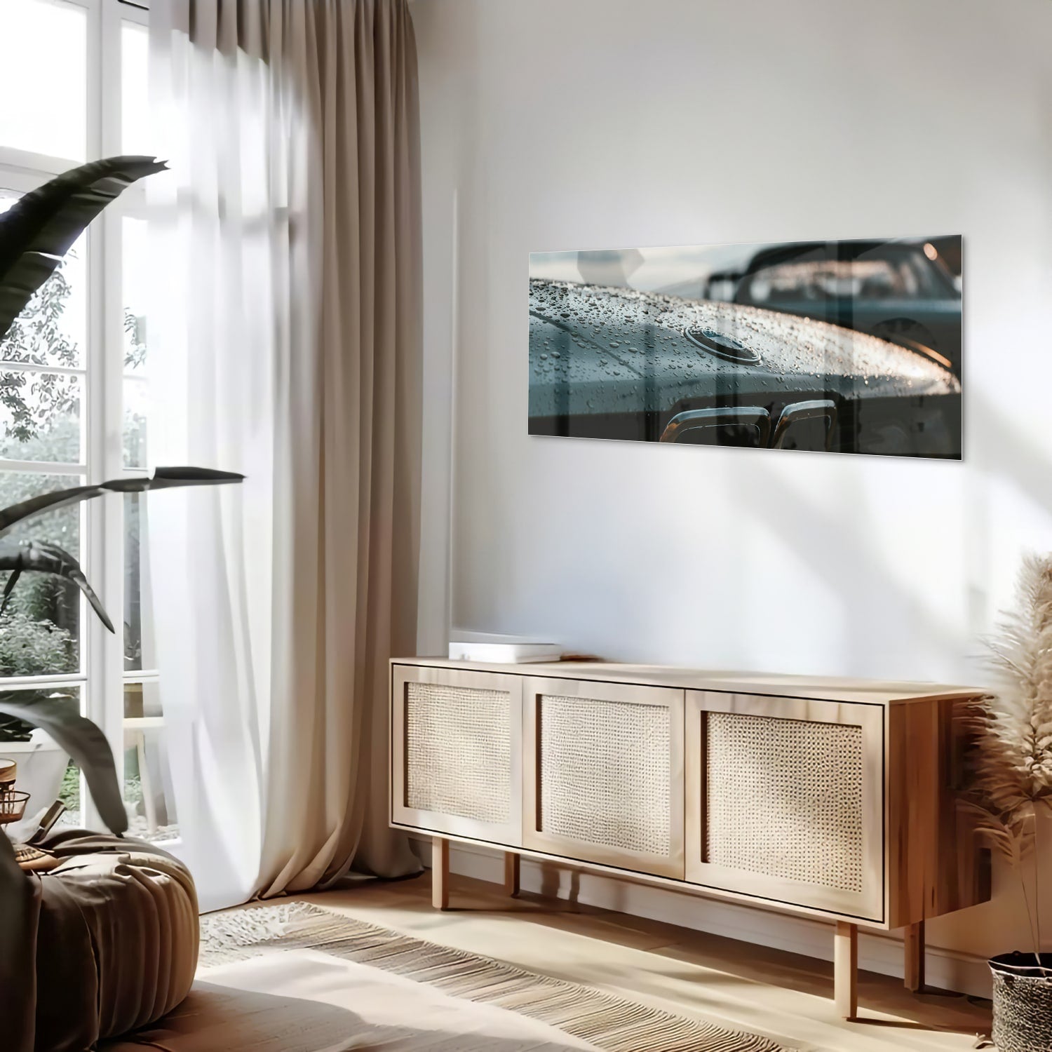 Glasbild mit nasser Autoscheibe – Stilvolles Interieur – Glasbild aus Sicherheitsglas, Größe 60x60_rond