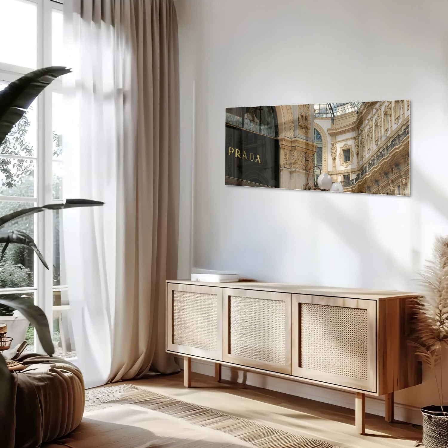 Elegantes Glasbild mit Luxus-Boutique – Glasbild aus Sicherheitsglas, Größe 60x60_rond