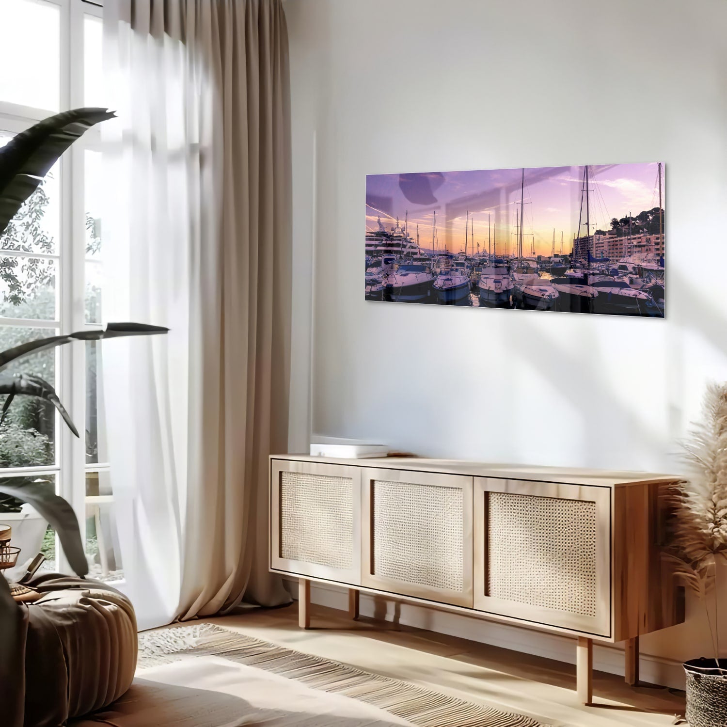 Glasbild mit Sonnenuntergang am Hafen – Glasbild aus Sicherheitsglas, Größe 60x60_rond