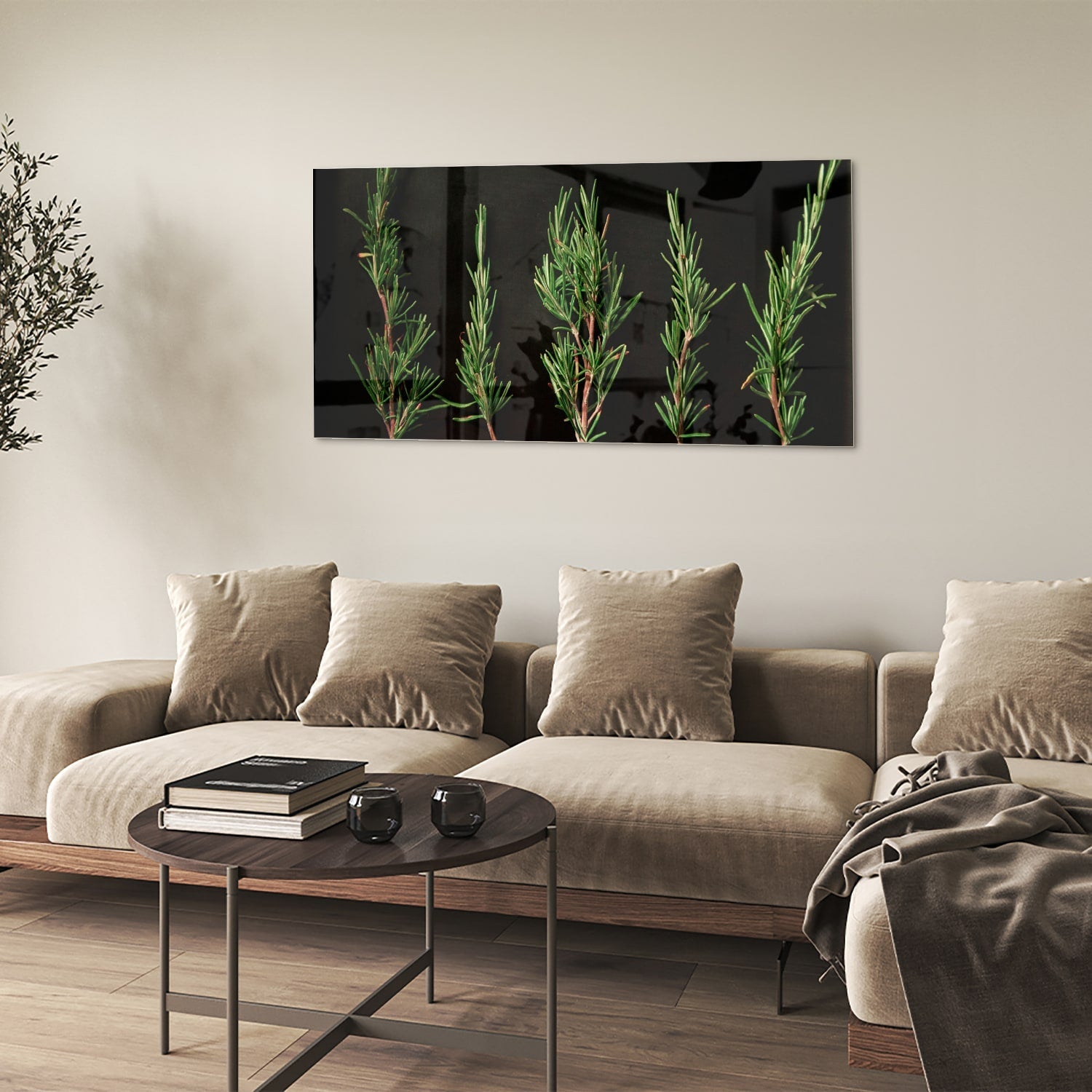Modernes Glasbild mit grünen Ästen – Glasbild aus Sicherheitsglas, Größe 90x60