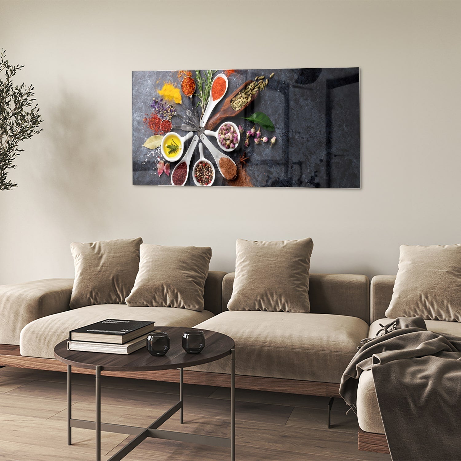 Glasbild mit farbenfrohen Gewürzen – Glasbild aus Sicherheitsglas, Größe 90x60