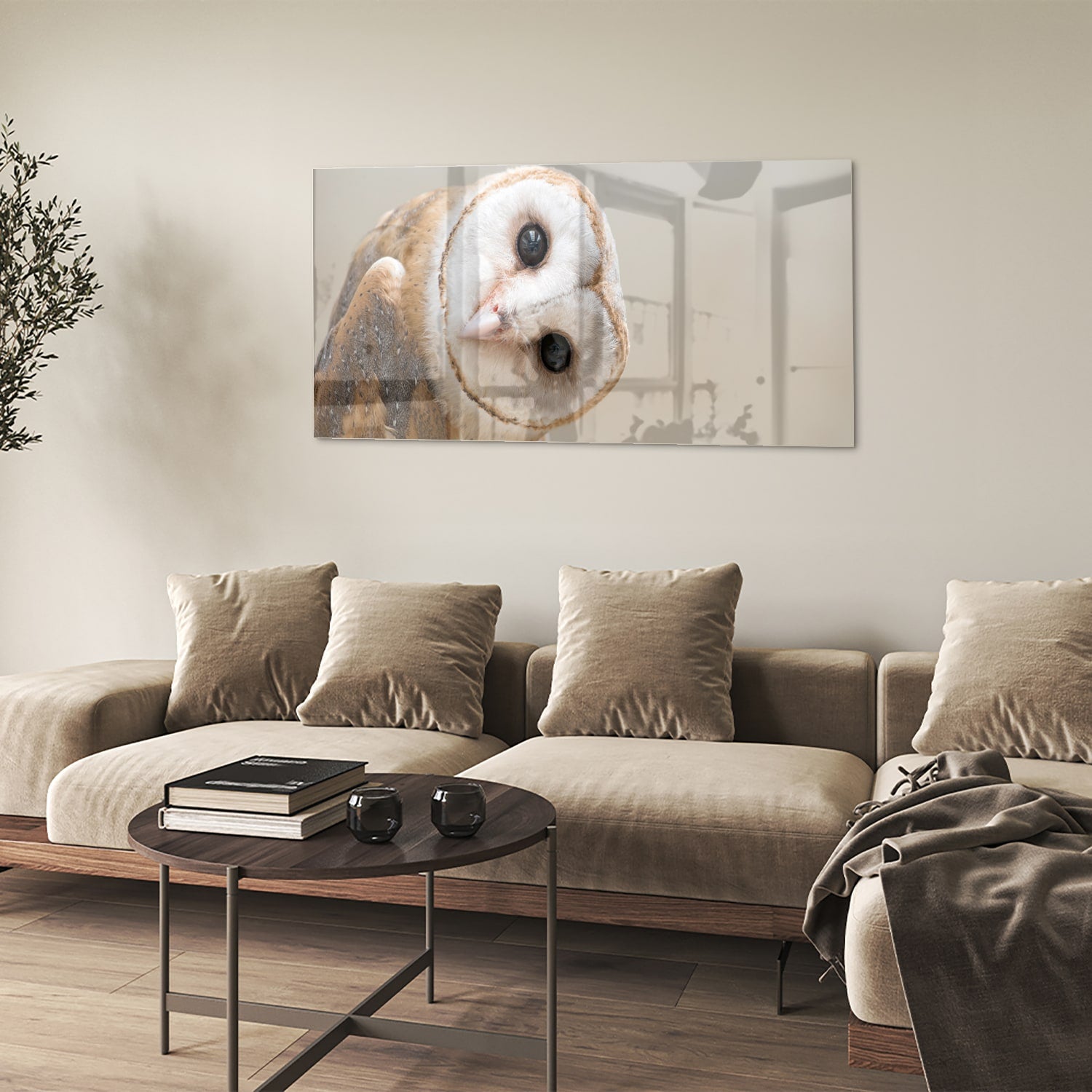 Glasbild mit einer neugierigen, eigenwilligen Eule – Glasbild aus Sicherheitsglas, Größe 90x60