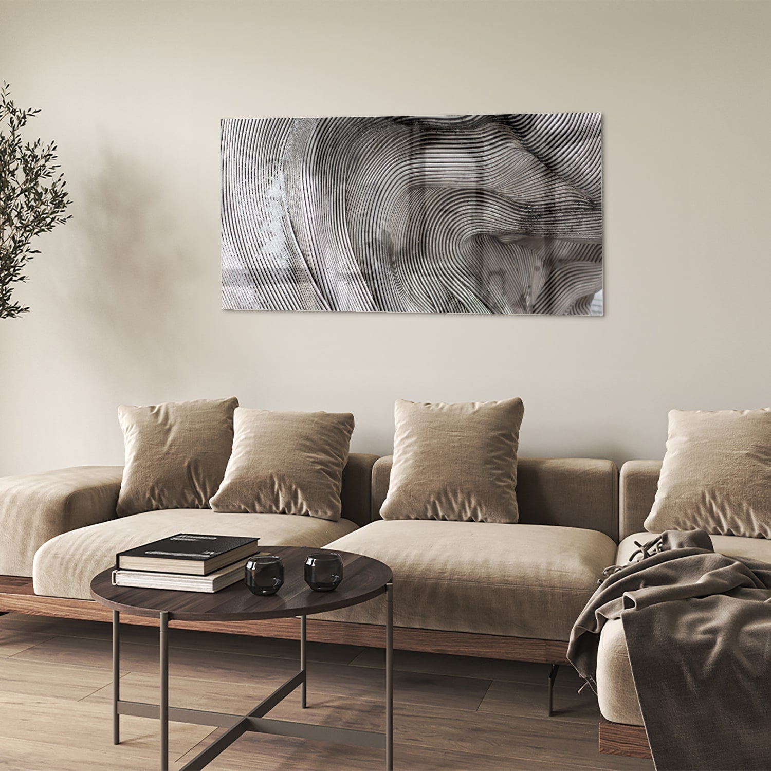 Abstraktes Glasbild mit wellenförmigen Linien – Glasbild aus Sicherheitsglas, Größe 90x60