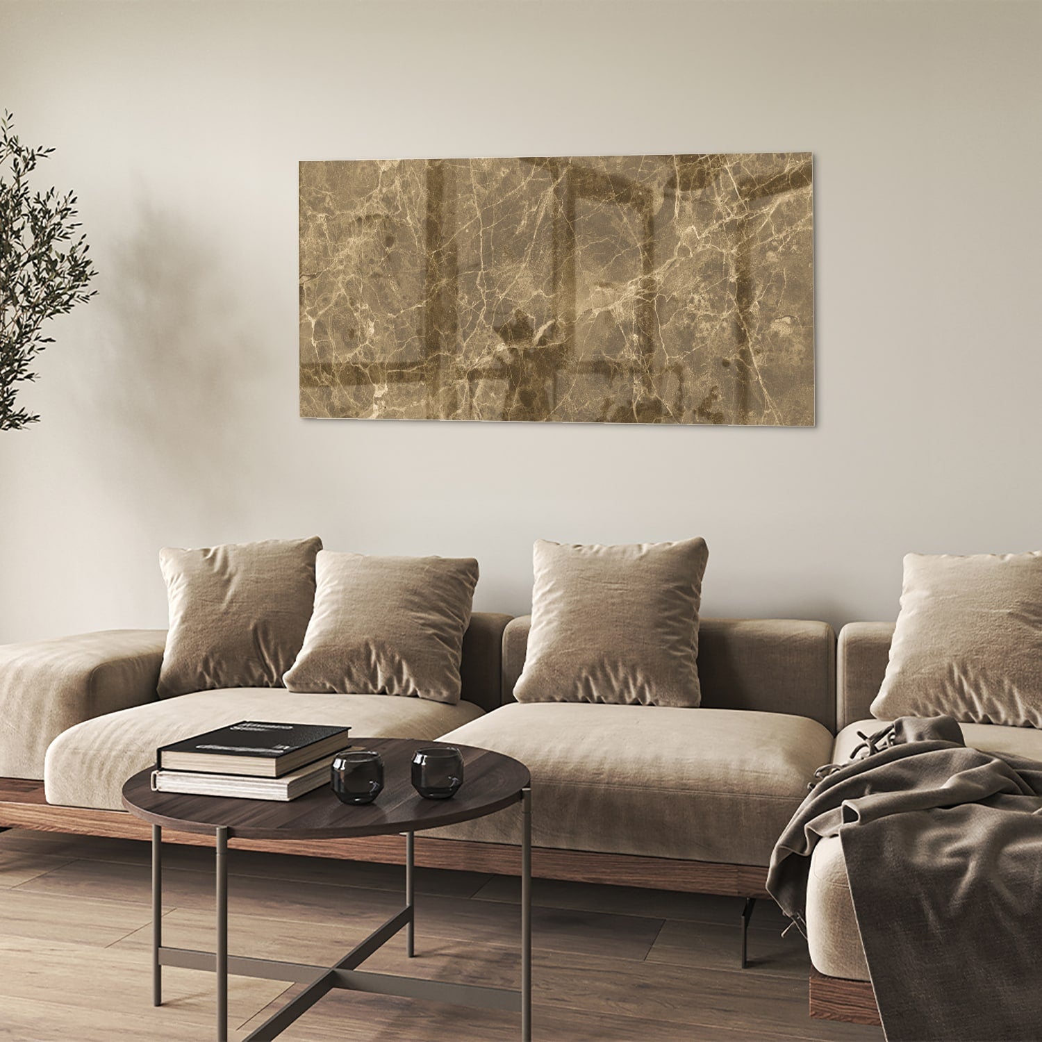 Goldfarbenes Glasbild mit Marmoreffekt – Glasbild aus Sicherheitsglas, Größe 90x60