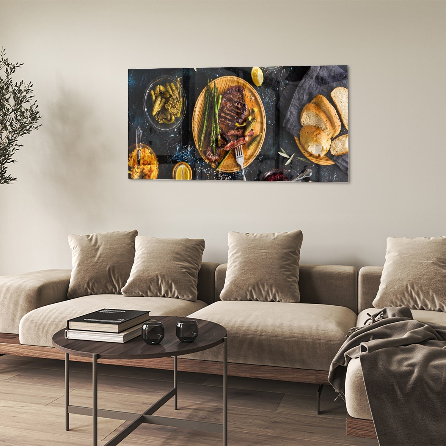 Kulinarisches Glasbild mit verführerischen Speisen – Glasbild aus Sicherheitsglas, Größe 90x60