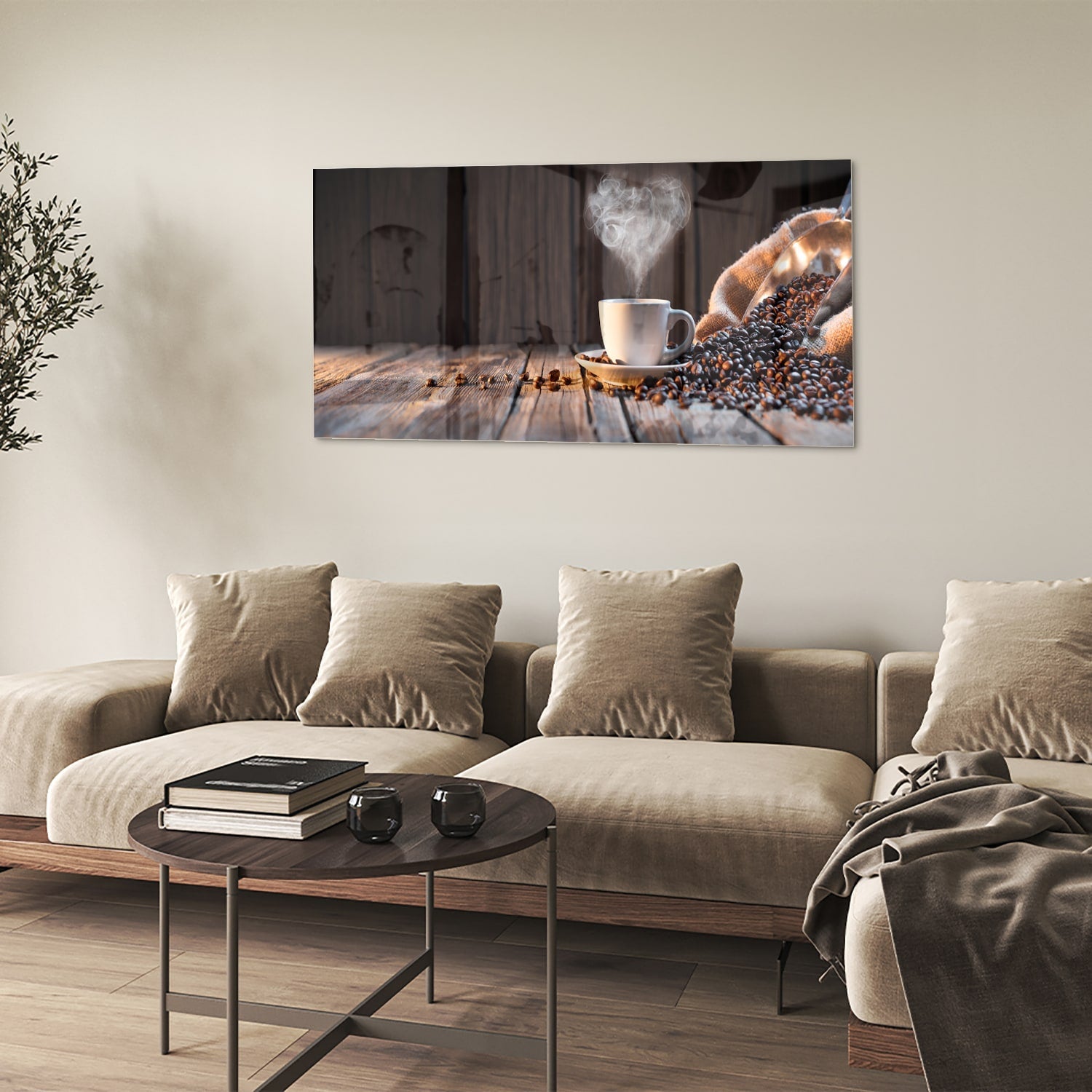 Stilvolles Glasbild mit Kaffee und Kaffeebohnen – Glasbild aus Sicherheitsglas, Größe 90x60