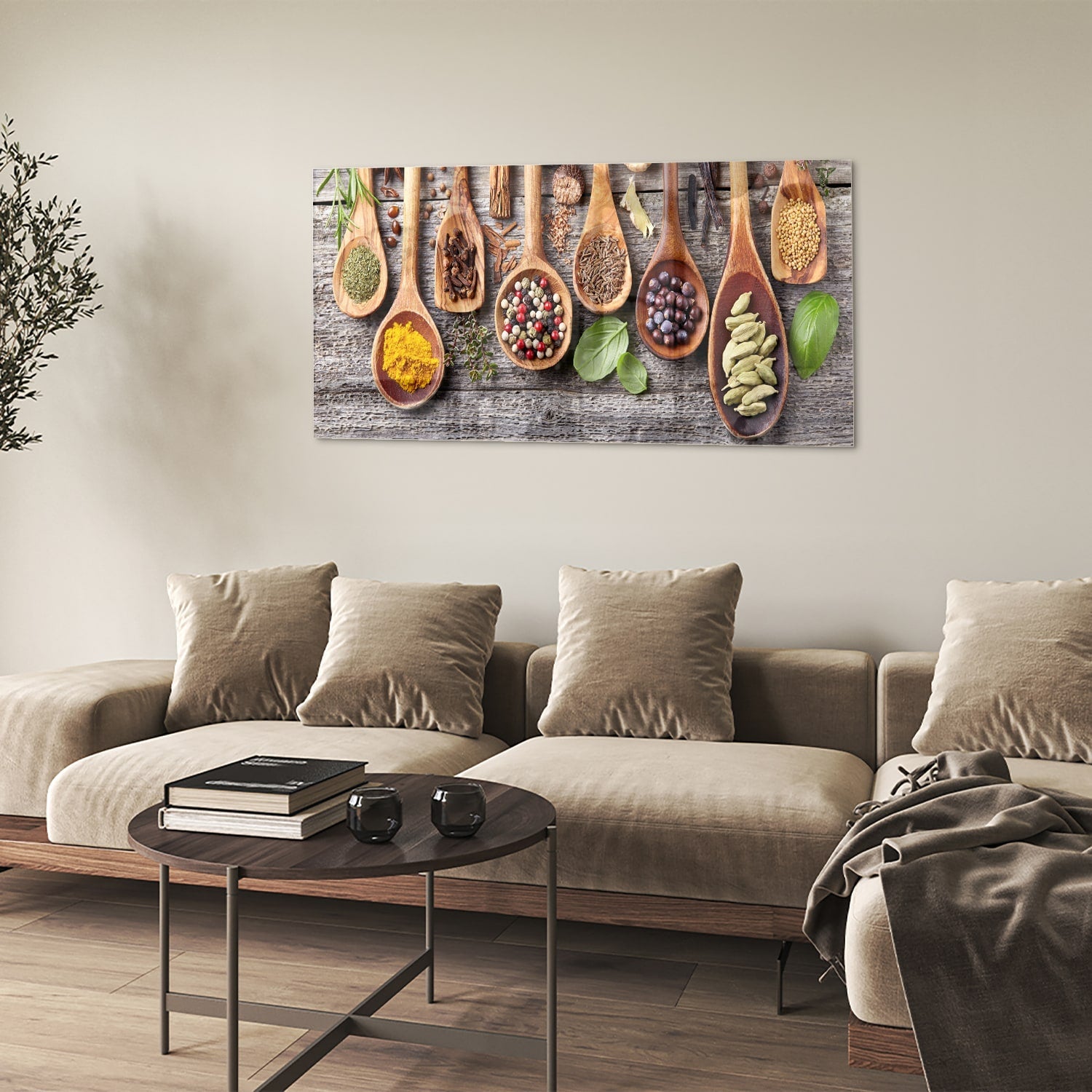 Glasbild mit natürlichen Rezepten im Löffel-Design – Glasbild aus Sicherheitsglas, Größe 90x60